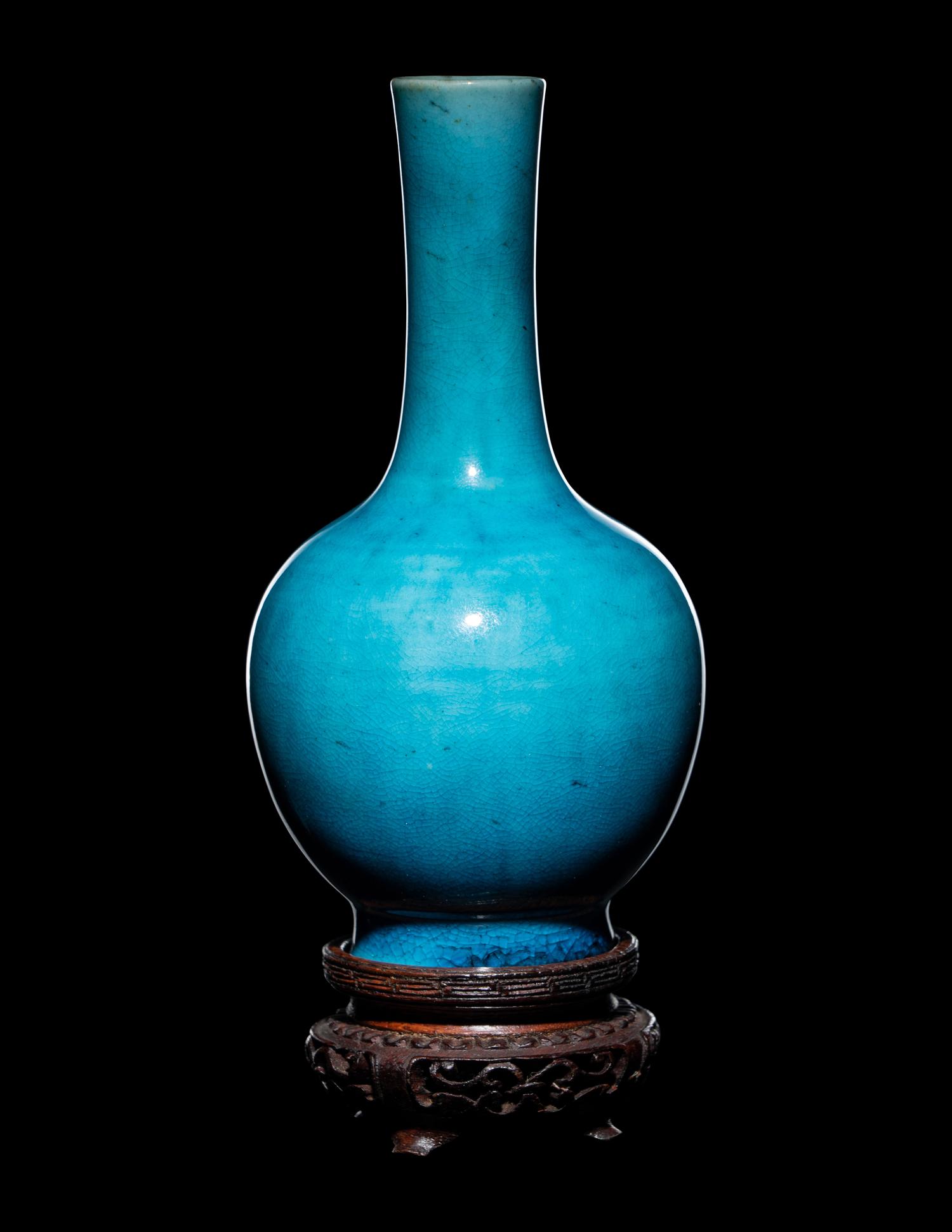 A Pair of Chinese Turquoise Glazed Porcelain Bottle Vases