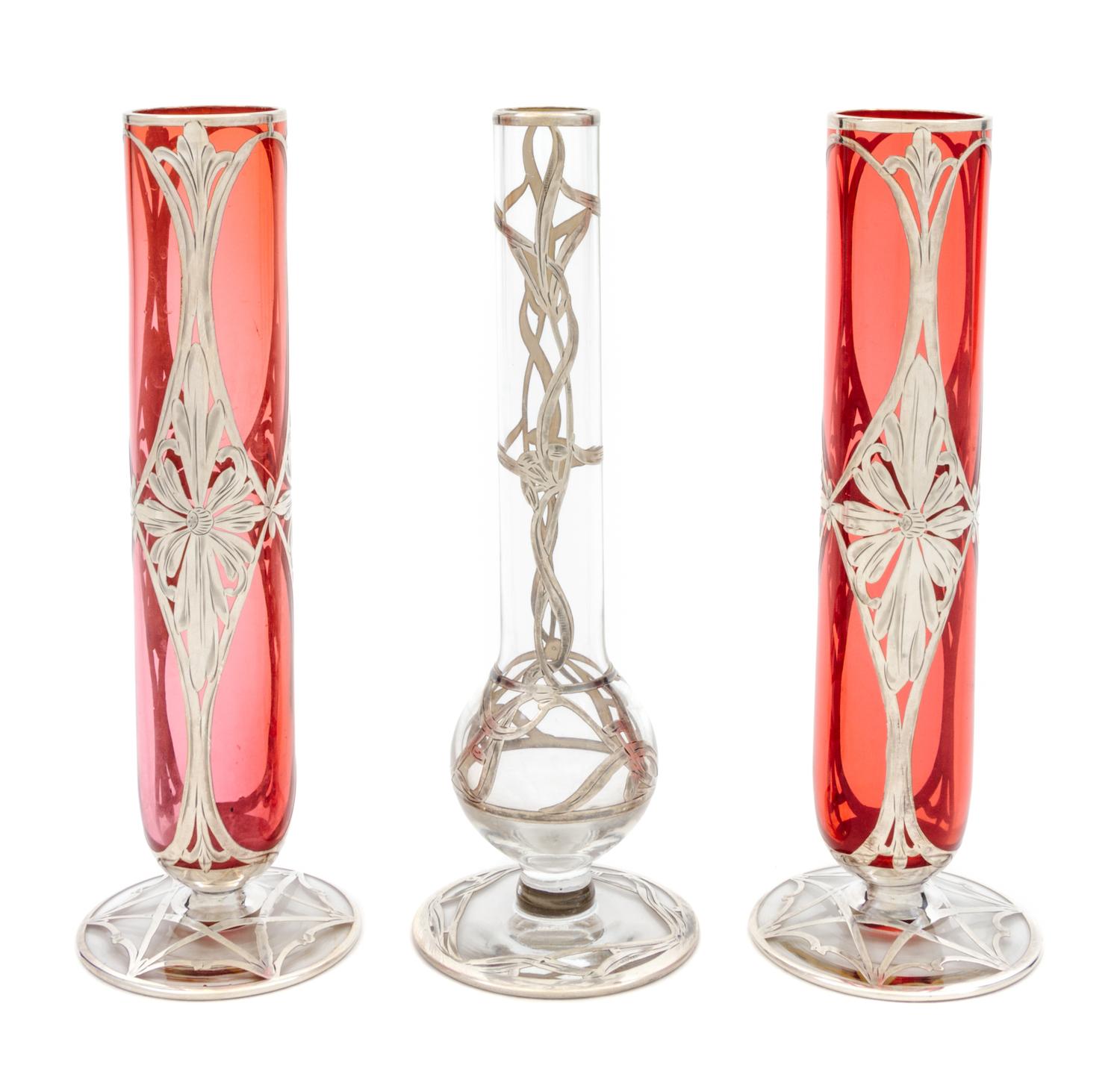 Three Silver Overlay Glass Bud Vases Height 8 inches.