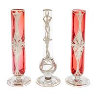 Three Silver Overlay Glass Bud Vases Height 8 inches.