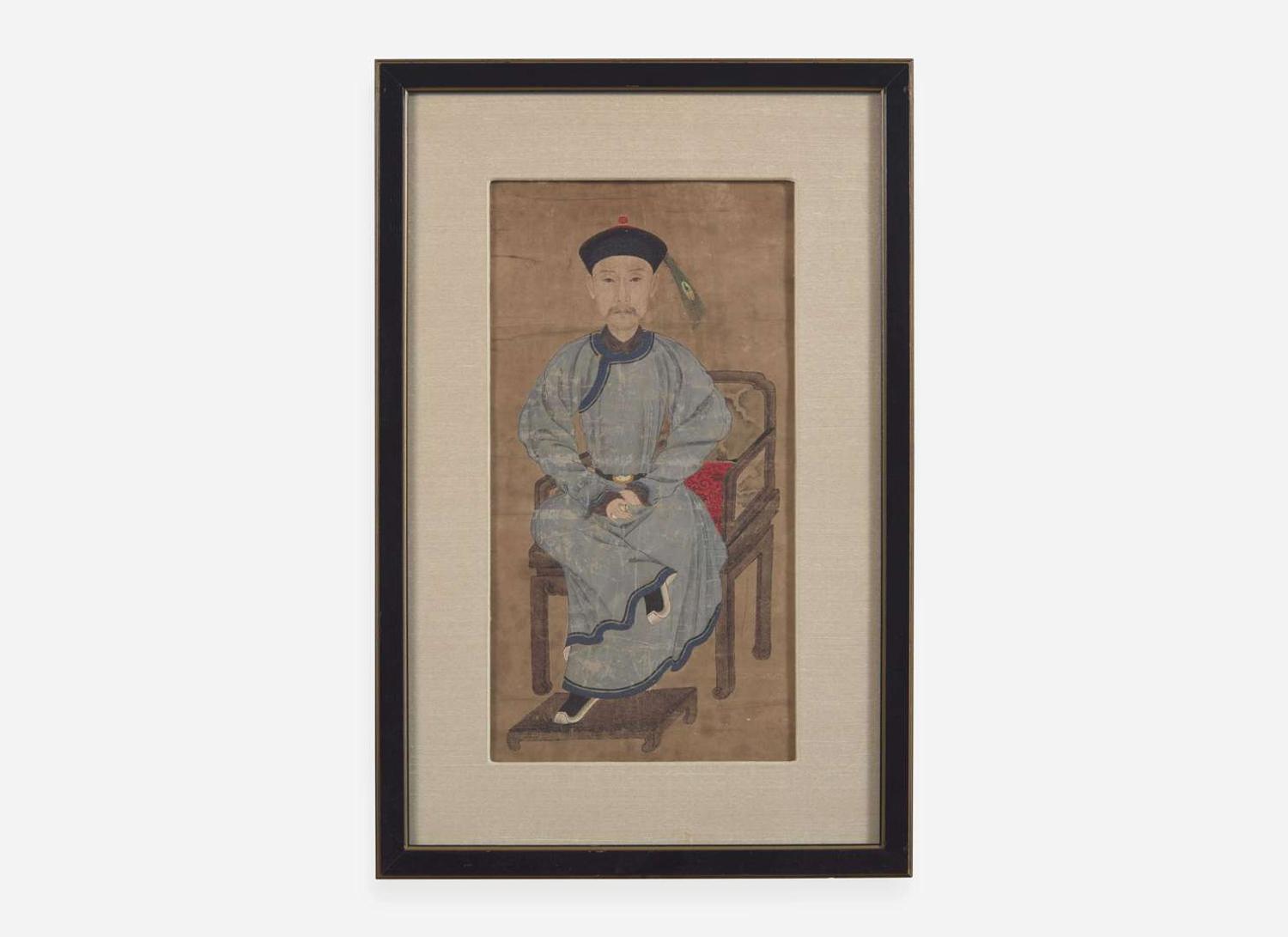 Chinese School, 19th century, Portrait of a Seated Official Holding a Snuff Bottle 文官把玩鼻煙壺畫像 十九世紀