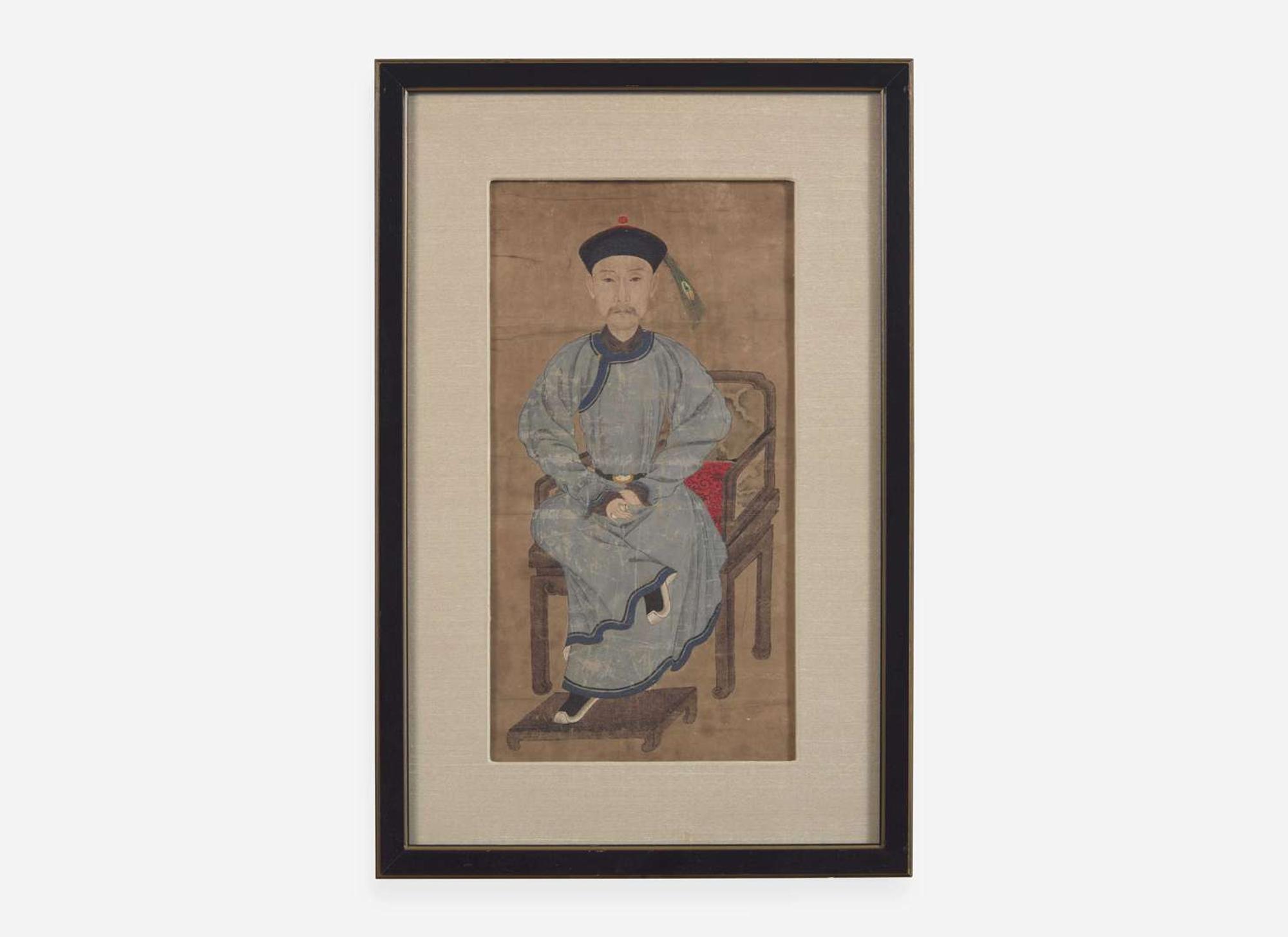 Chinese School, 19th century, Portrait of a Seated Official Holding a Snuff Bottle 文官把玩鼻煙壺畫像 十九世紀