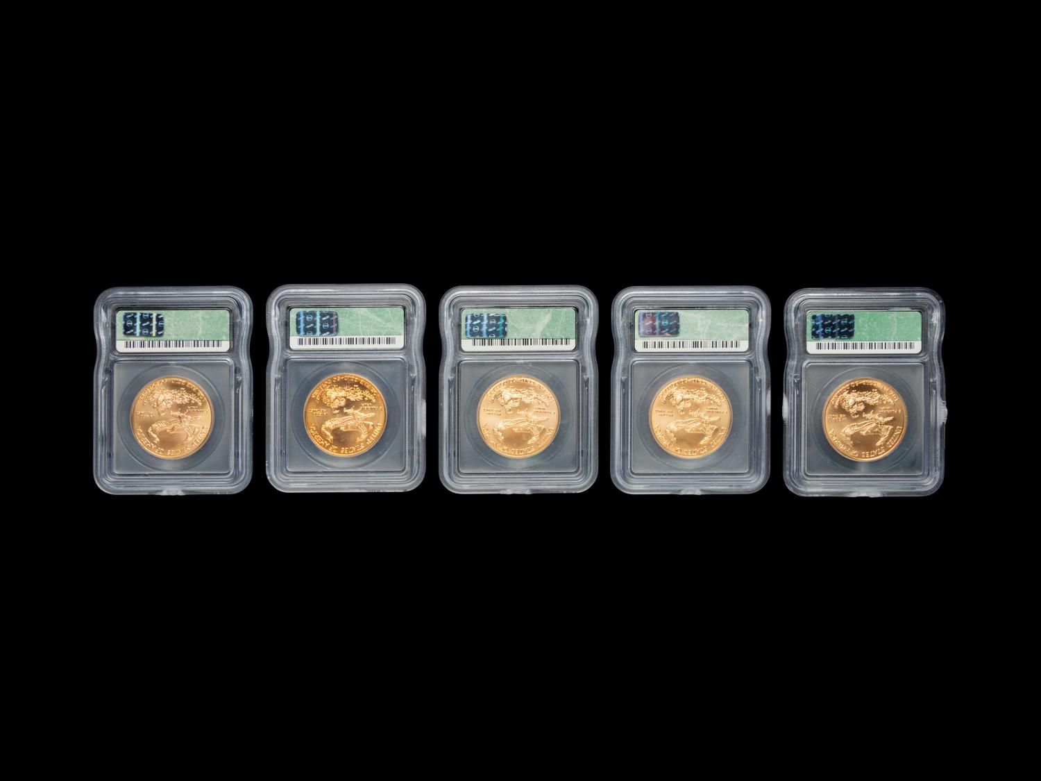A Group of Five Gold Eagle $50 1 oz. Gold Coins (ICG MS70)