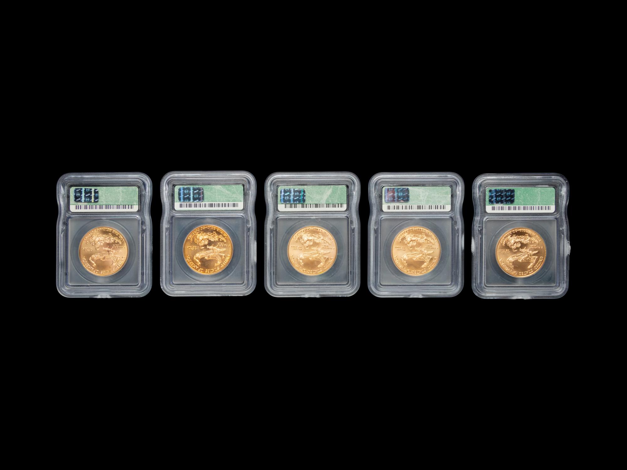 A Group of Five Gold Eagle $50 1 oz. Gold Coins (ICG MS70)