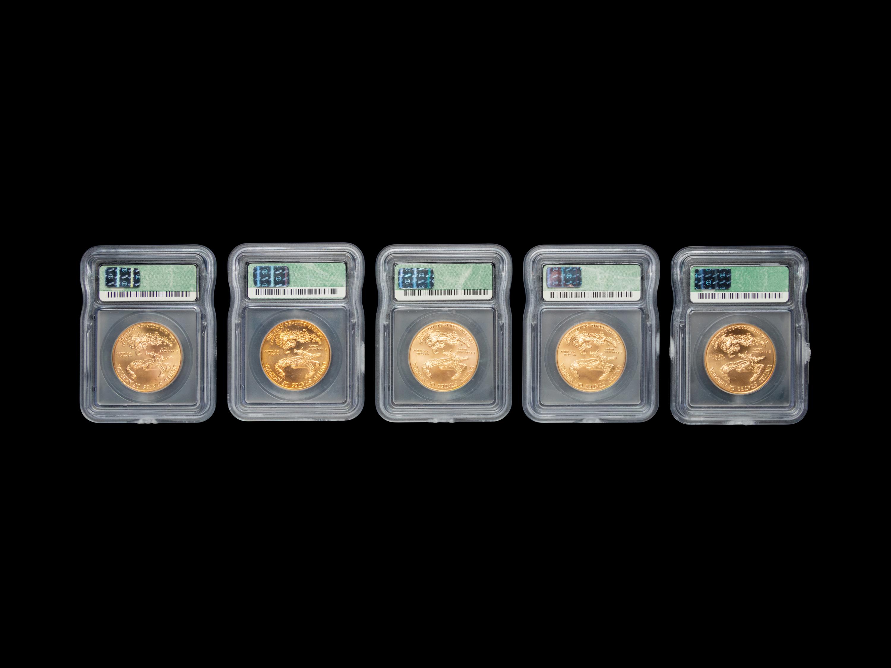 A Group of Five Gold Eagle $50 1 oz. Gold Coins (ICG MS70)