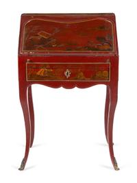 A Louis XV Red Chinoiserie Lacquered Slant-Front Bureau