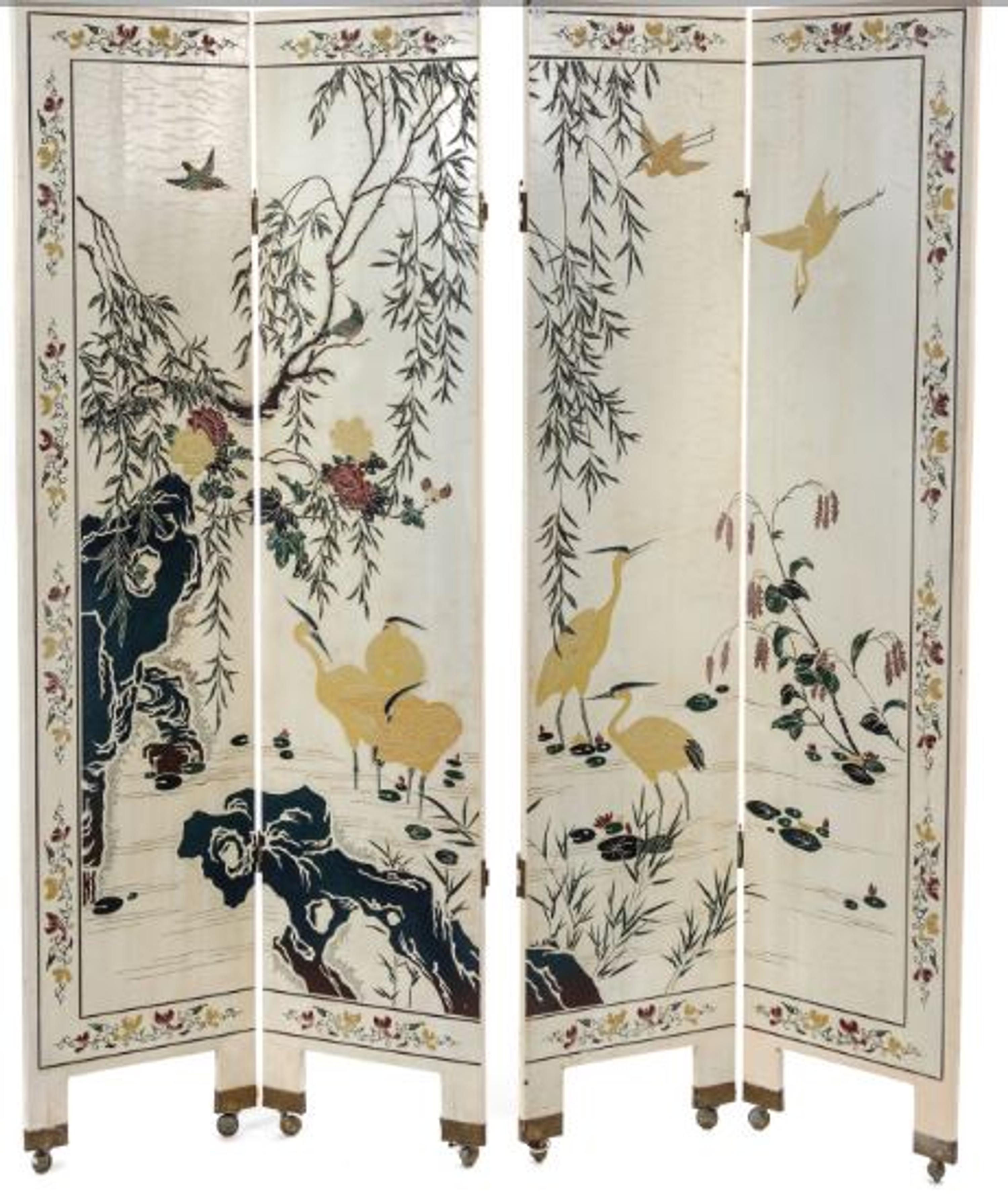 A White Lacquer Four-Panel Floor Screen — 20TH CENTURY