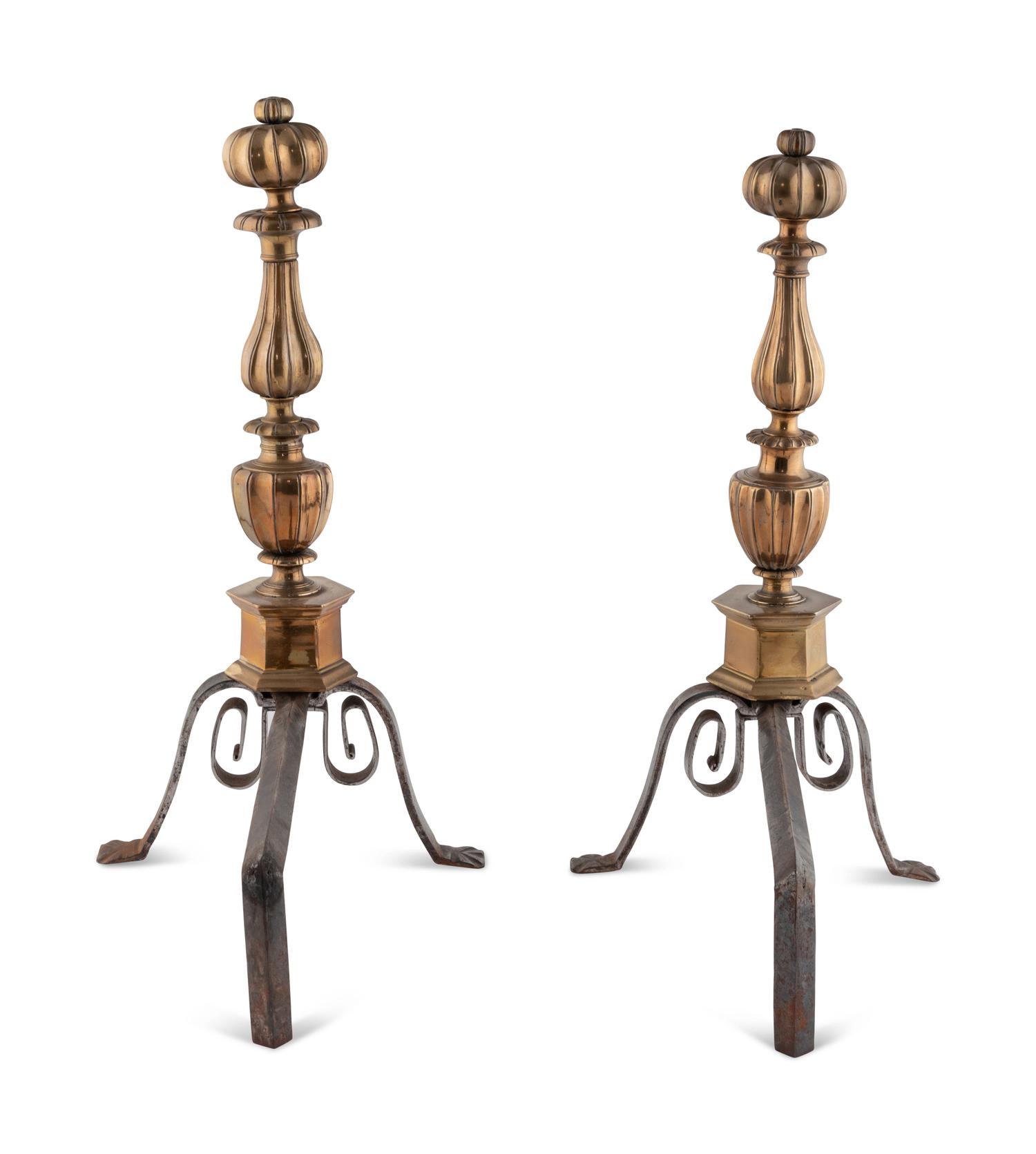 A Pair of Continental Brass and Steel Andirons