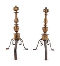A Pair of Continental Brass and Steel Andirons