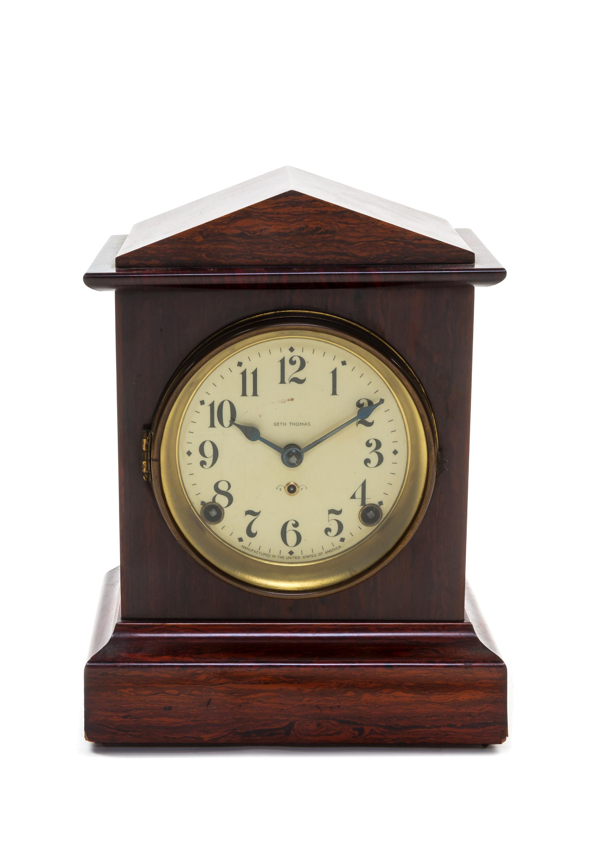 An American Rosewood Mantel Clock, SETH THOMAS, Height 11 inches. — SETH THOMAS,