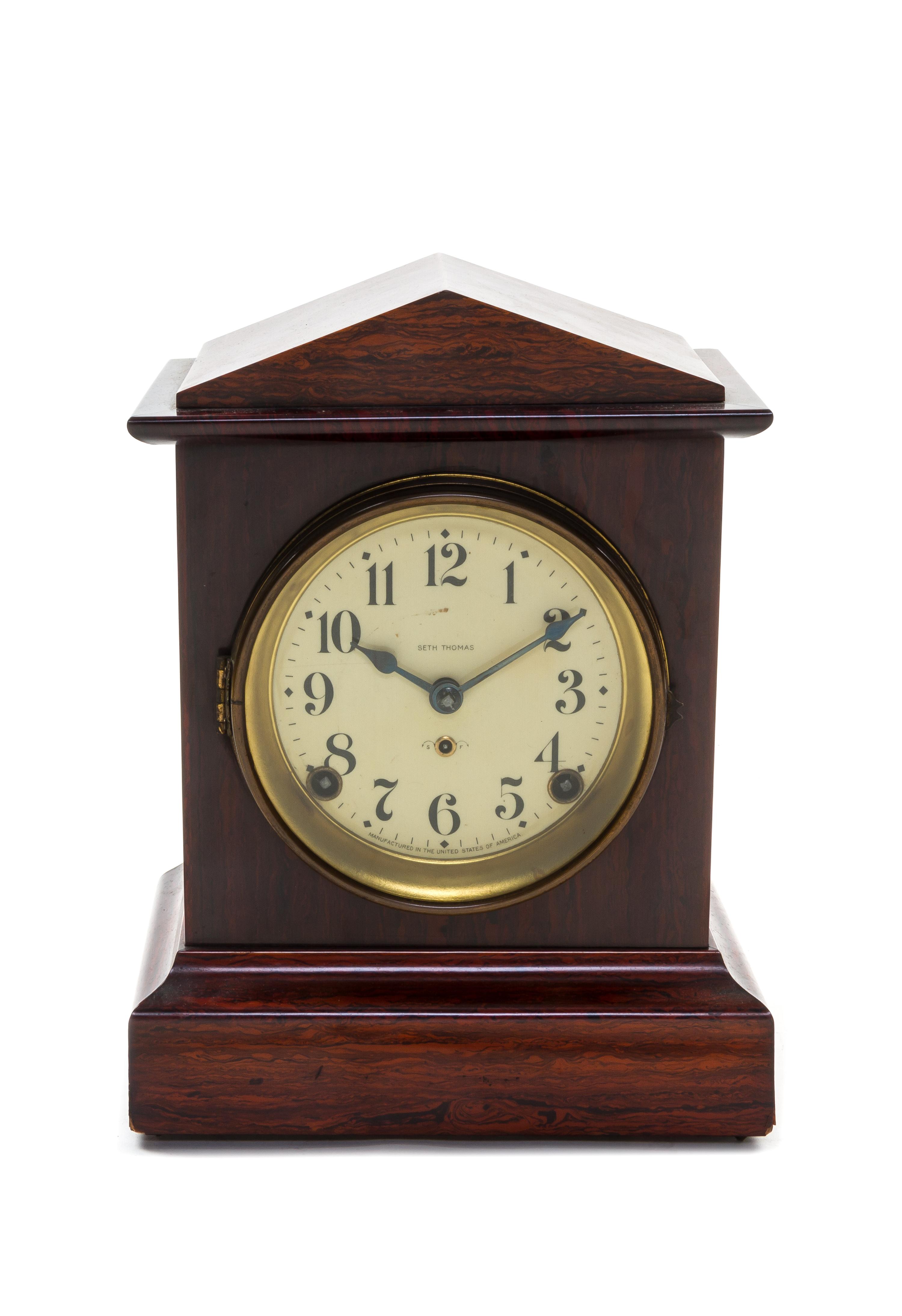 An American Rosewood Mantel Clock, SETH THOMAS, Height 11 inches. — SETH THOMAS,