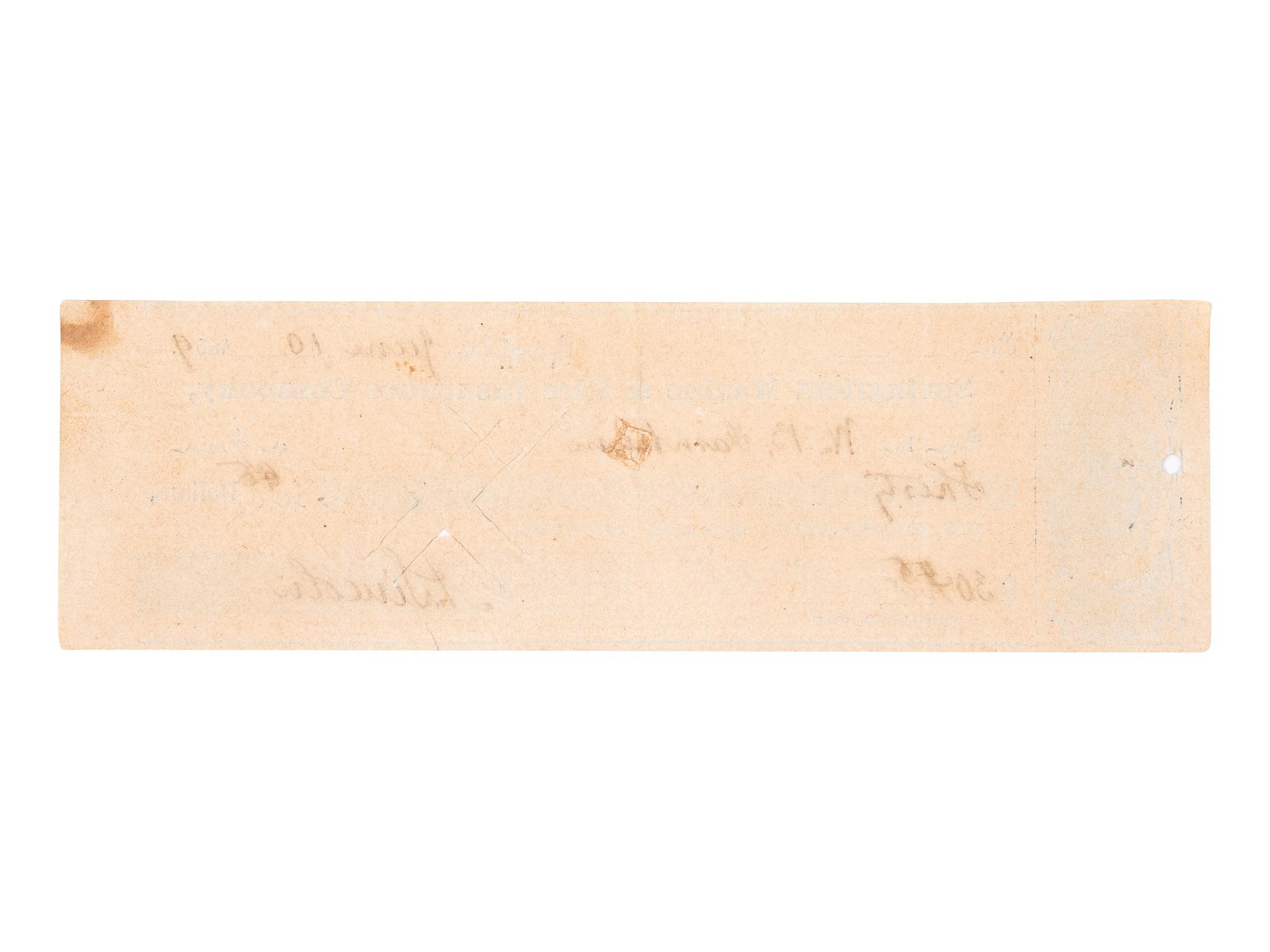 LINCOLN, Abraham (1809-1865). Personal check signed ("Abraham Lincoln"). Springfield, [IL], 10 June 1859.