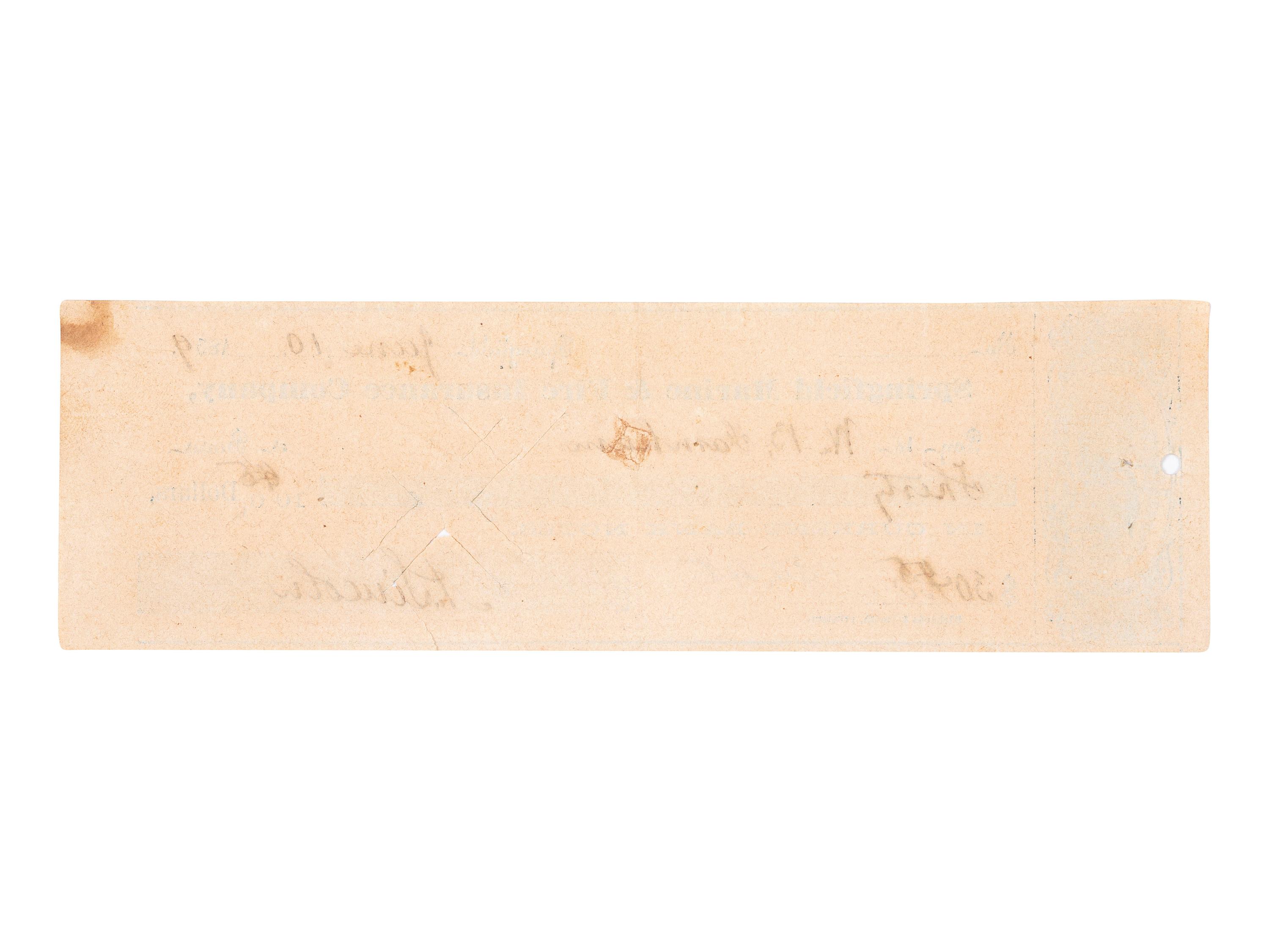 LINCOLN, Abraham (1809-1865). Personal check signed ("Abraham Lincoln"). Springfield, [IL], 10 June 1859.
