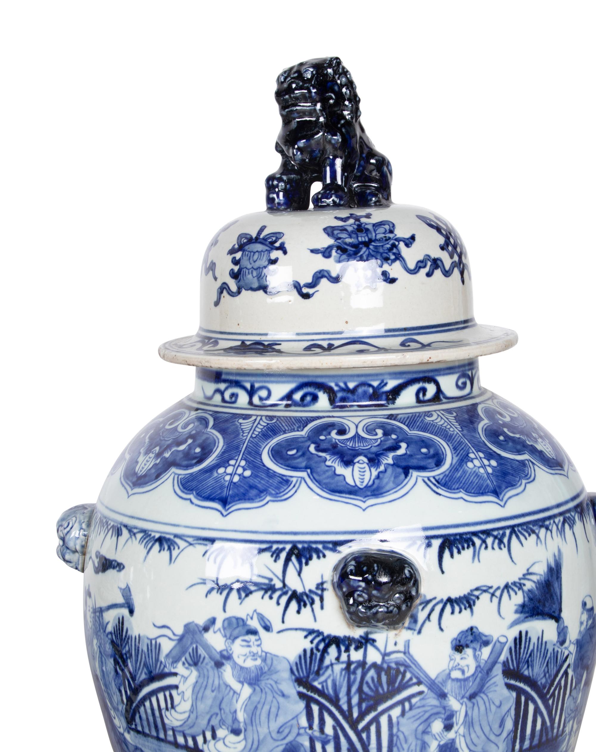 Five Blue and White Ceramic Covered Jars