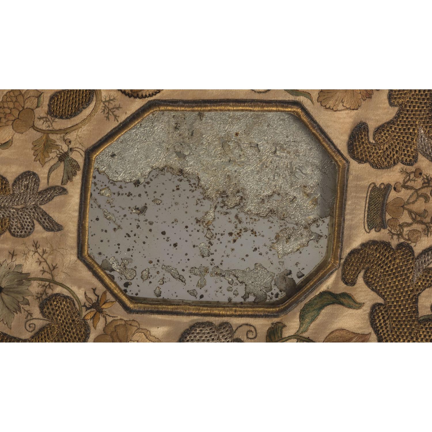 An English Metallic Stumpwork Embroidered Framed Mirror
