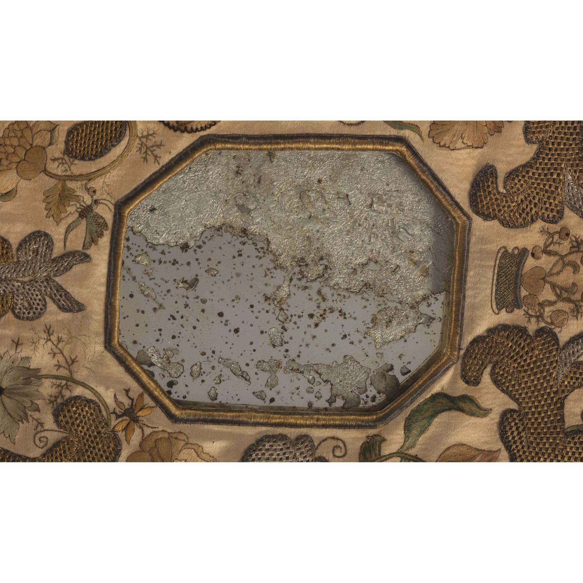 An English Metallic Stumpwork Embroidered Framed Mirror