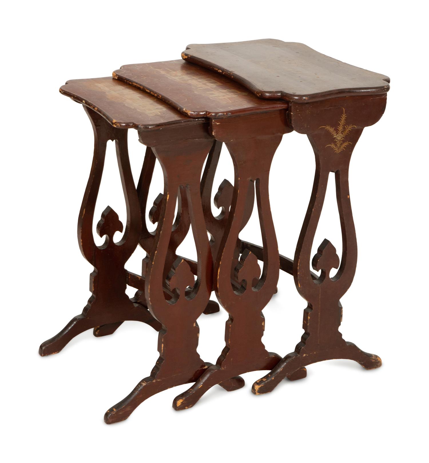 A Set of Three Chinese Export Quartetto Tables in Red and Gilt Lacquer