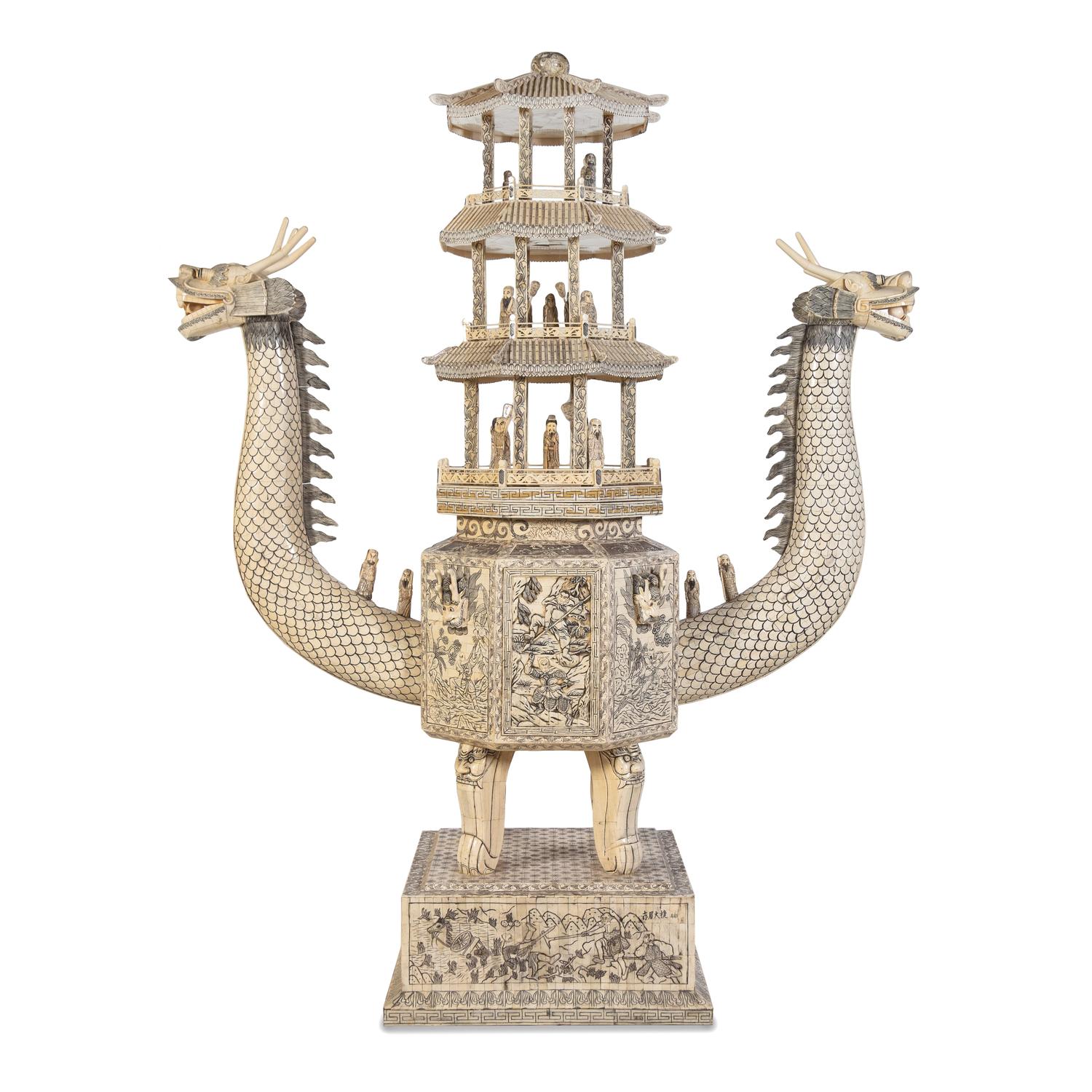 A Monumental Chinese Bone-Veneered Model of an Archaic Ritual Vessel with a Pagoda