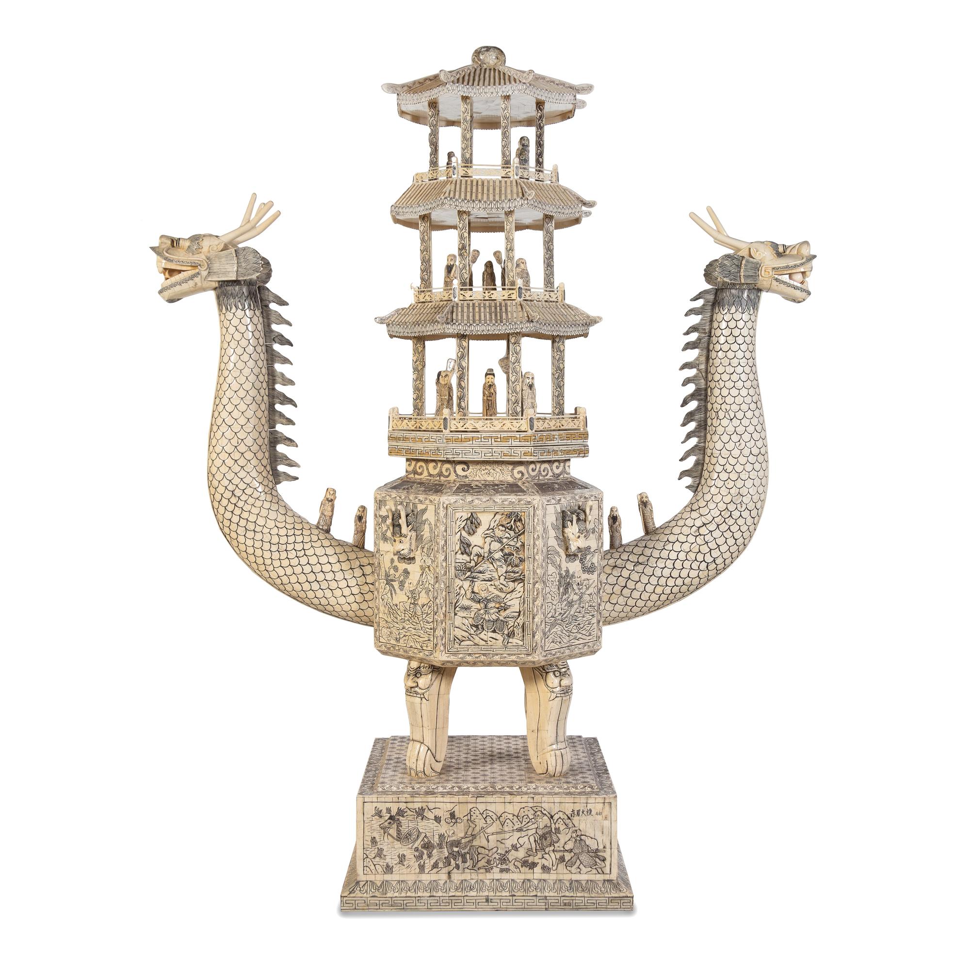 A Monumental Chinese Bone-Veneered Model of an Archaic Ritual Vessel with a Pagoda