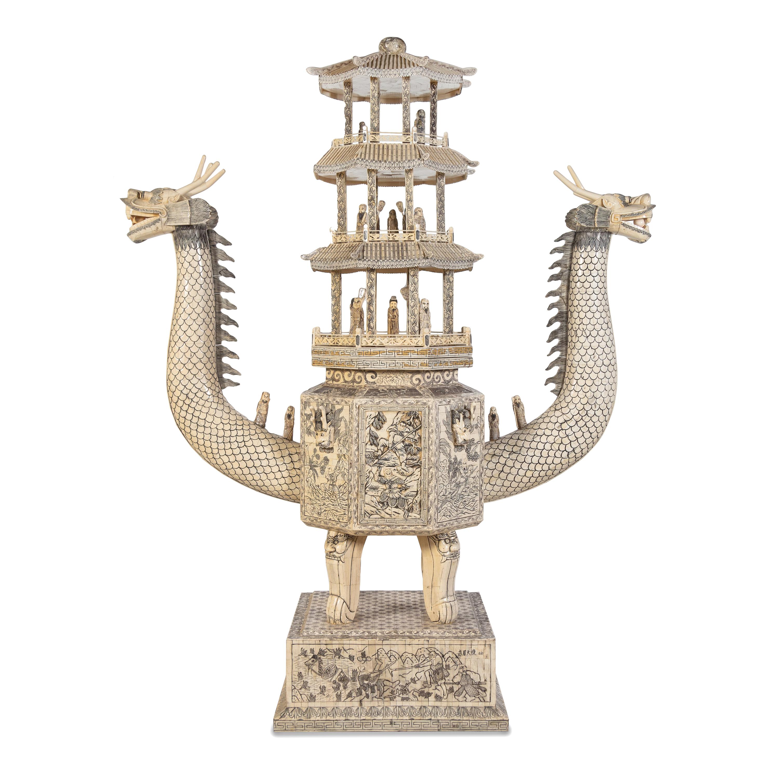 A Monumental Chinese Bone-Veneered Model of an Archaic Ritual Vessel with a Pagoda