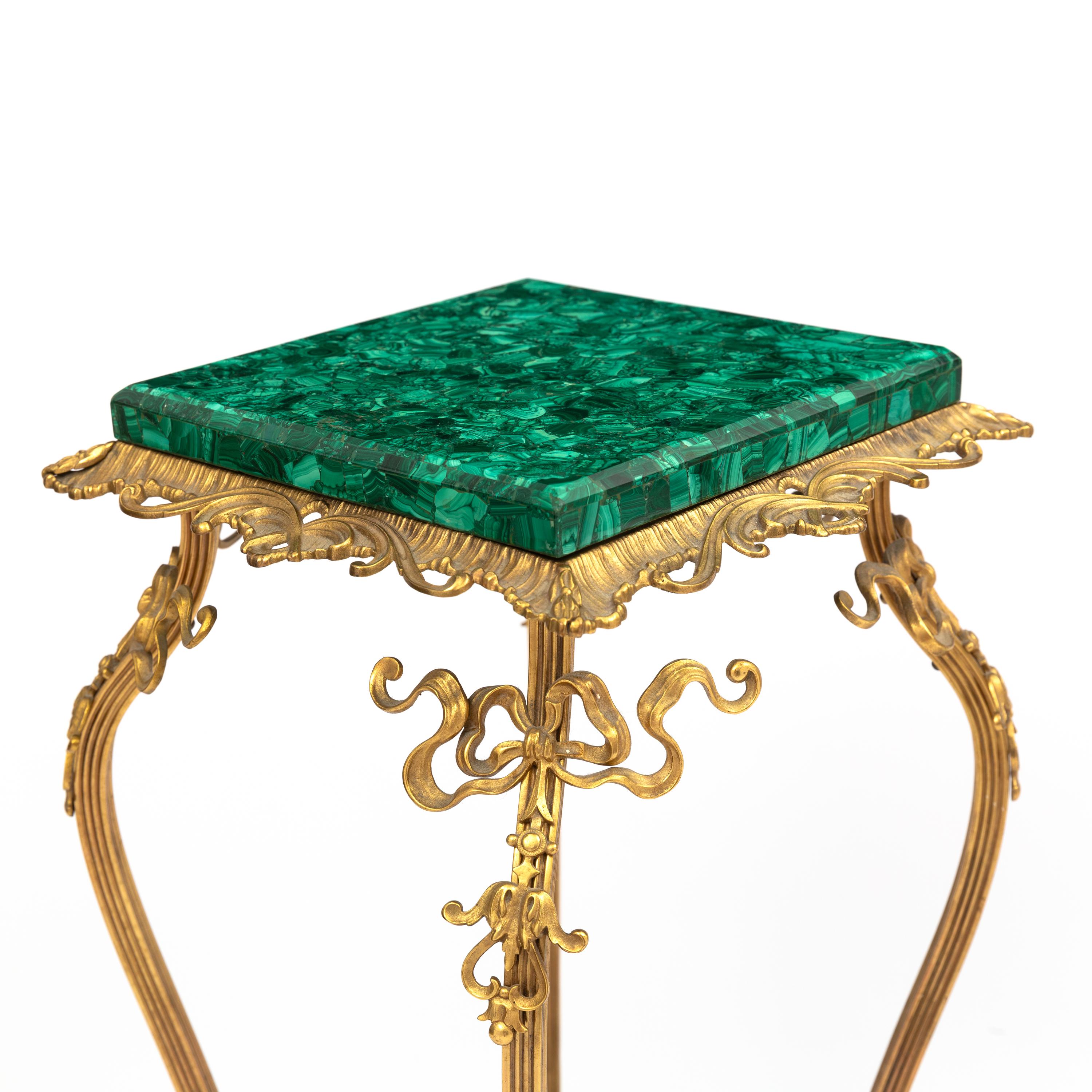 A Pair of Brass and Malachite Pedestal Tables