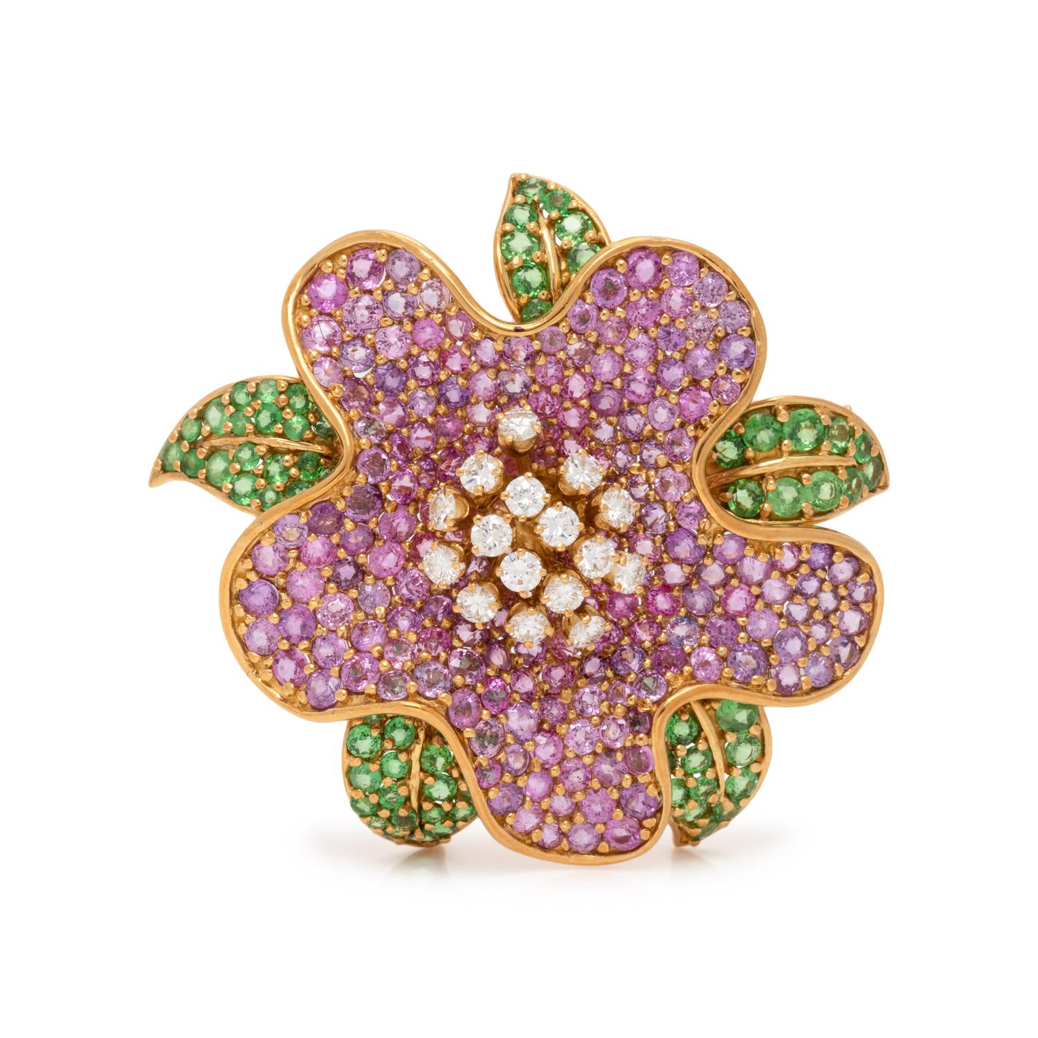 JEAN VITAU, DIAMOND, PINK SAPPHIRE AND TSAVORITE GARNET FLOWER BROOCH