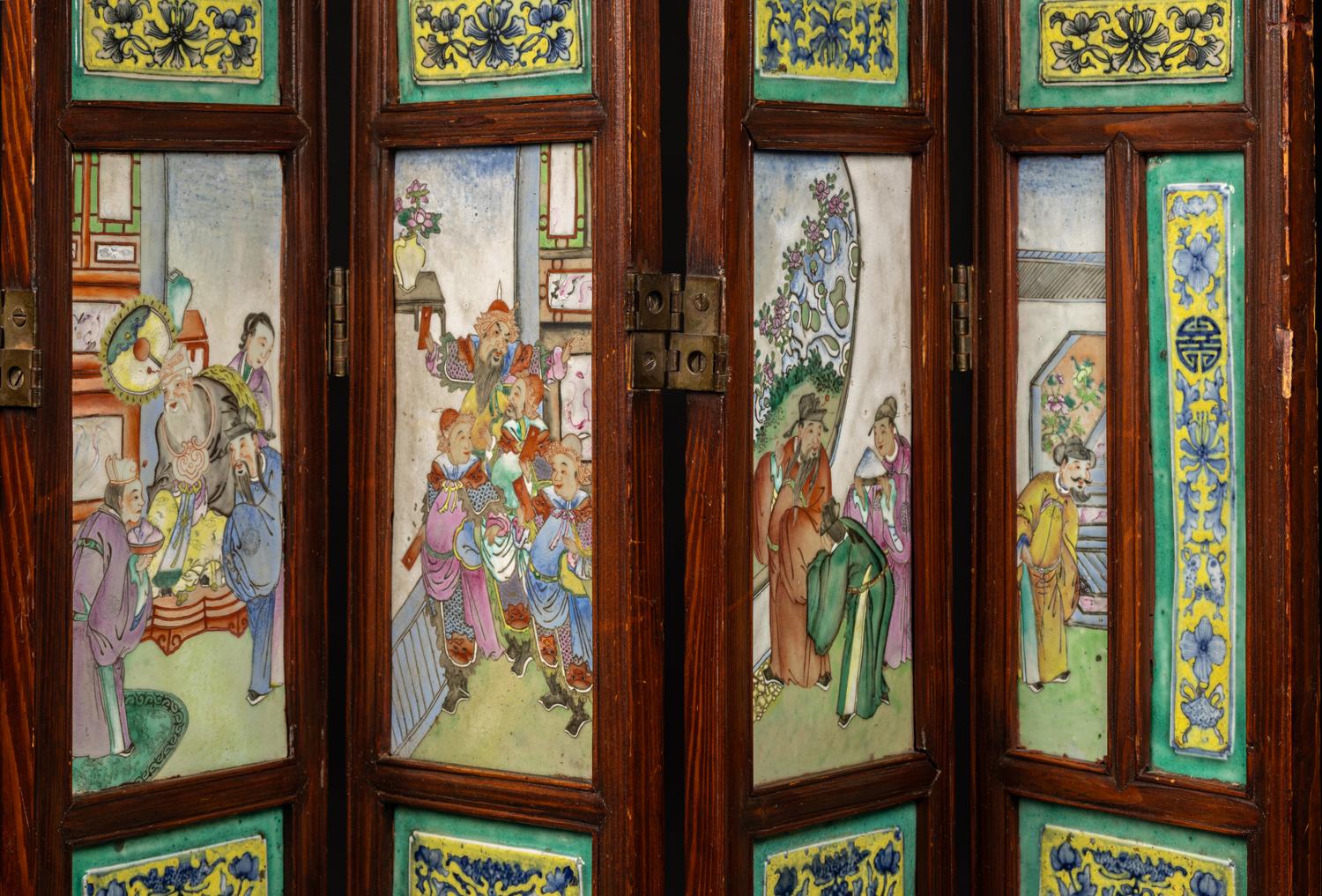 A Chinese Famille Rose Porcelain Inset Hardwood Eight-Panel Table Screen, Late Qing Dynasty 清晚期 紅木嵌瓷板八扇屏