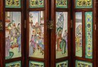 A Chinese Famille Rose Porcelain Inset Hardwood Eight-Panel Table Screen, Late Qing Dynasty 清晚期 紅木嵌瓷板八扇屏