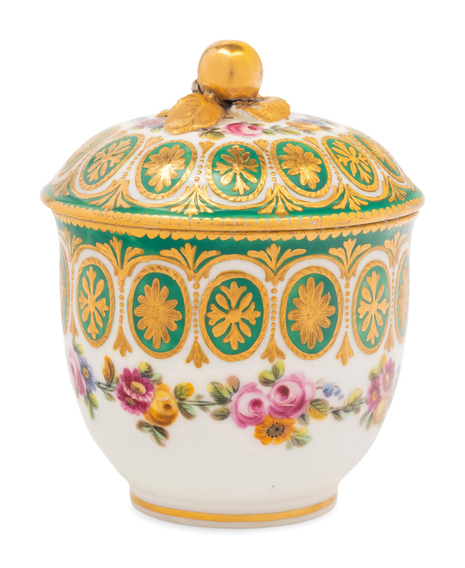 A Sèvres Green-Ground Porcelain Sugar Bowl and Cover ( Pot à Sucre 'Bouret' et son Couvercle, 2ème Grandeur )