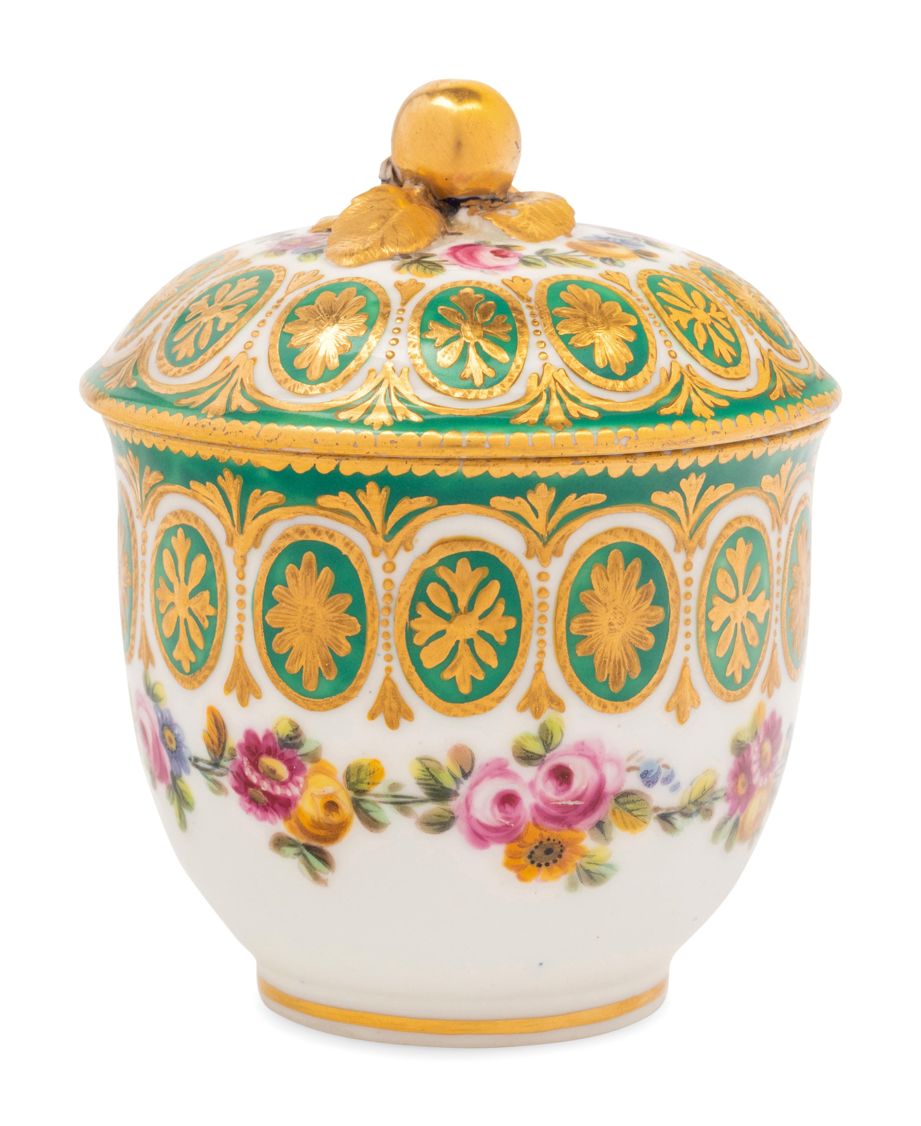 A Sèvres Green-Ground Porcelain Sugar Bowl and Cover ( Pot à Sucre 'Bouret' et son Couvercle, 2ème Grandeur )
