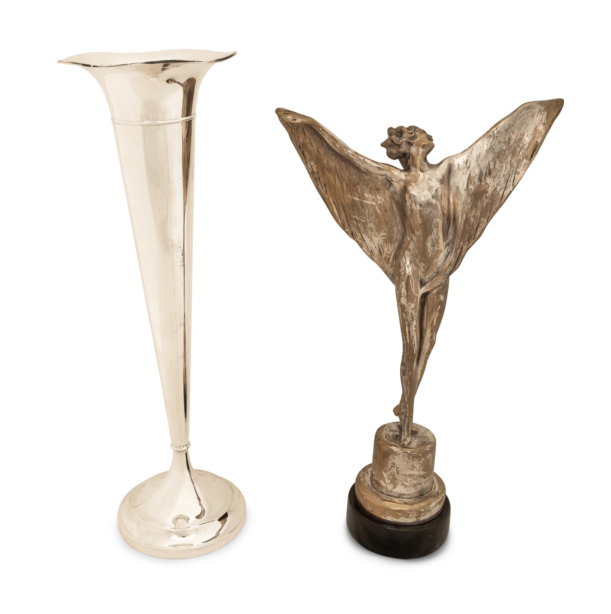 An American Silver Trumpet Vase and A Silvered-Metal Figure of a Winged Dancer