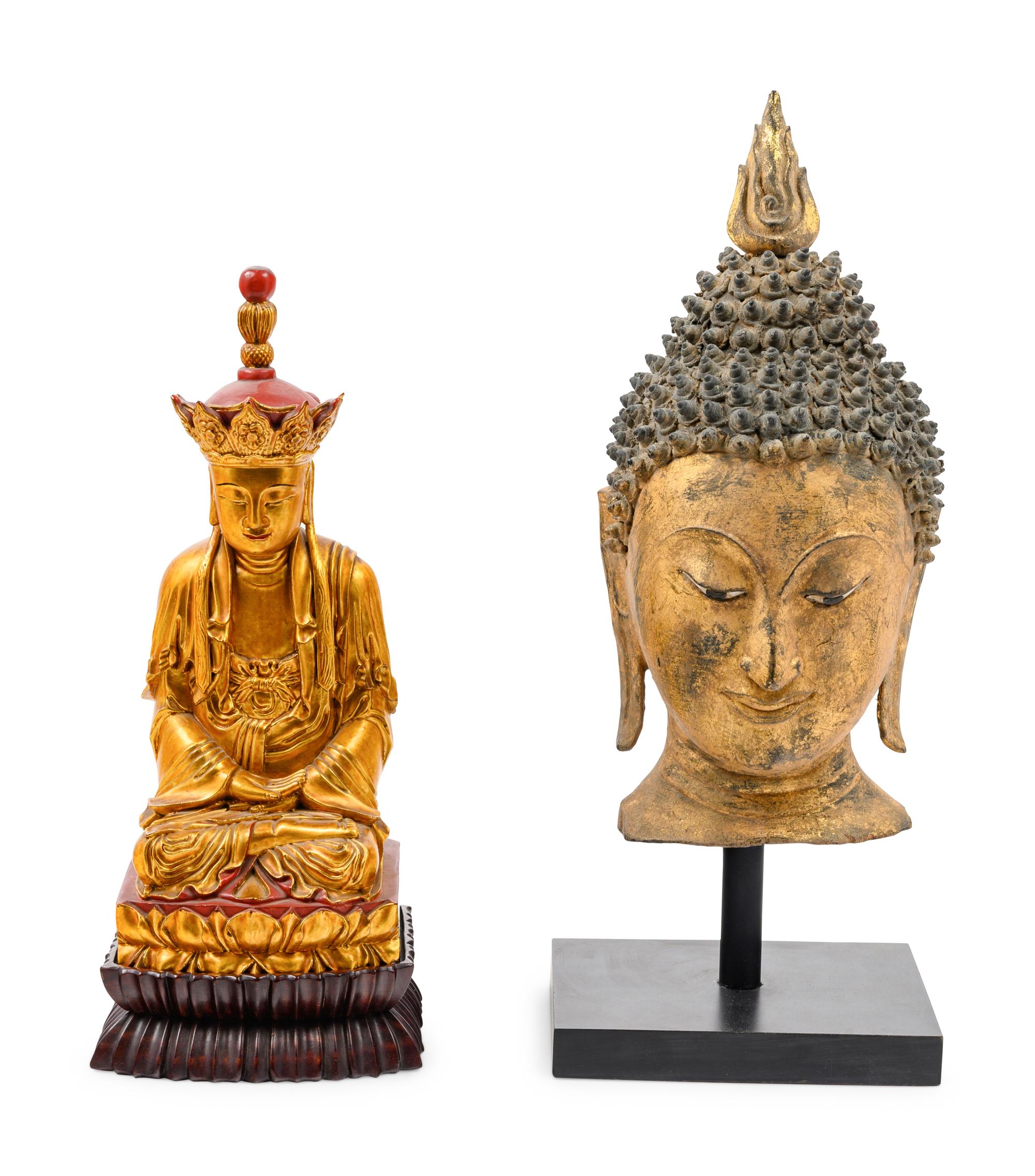 A Thai Gilded Carved Wood Buddha Head
