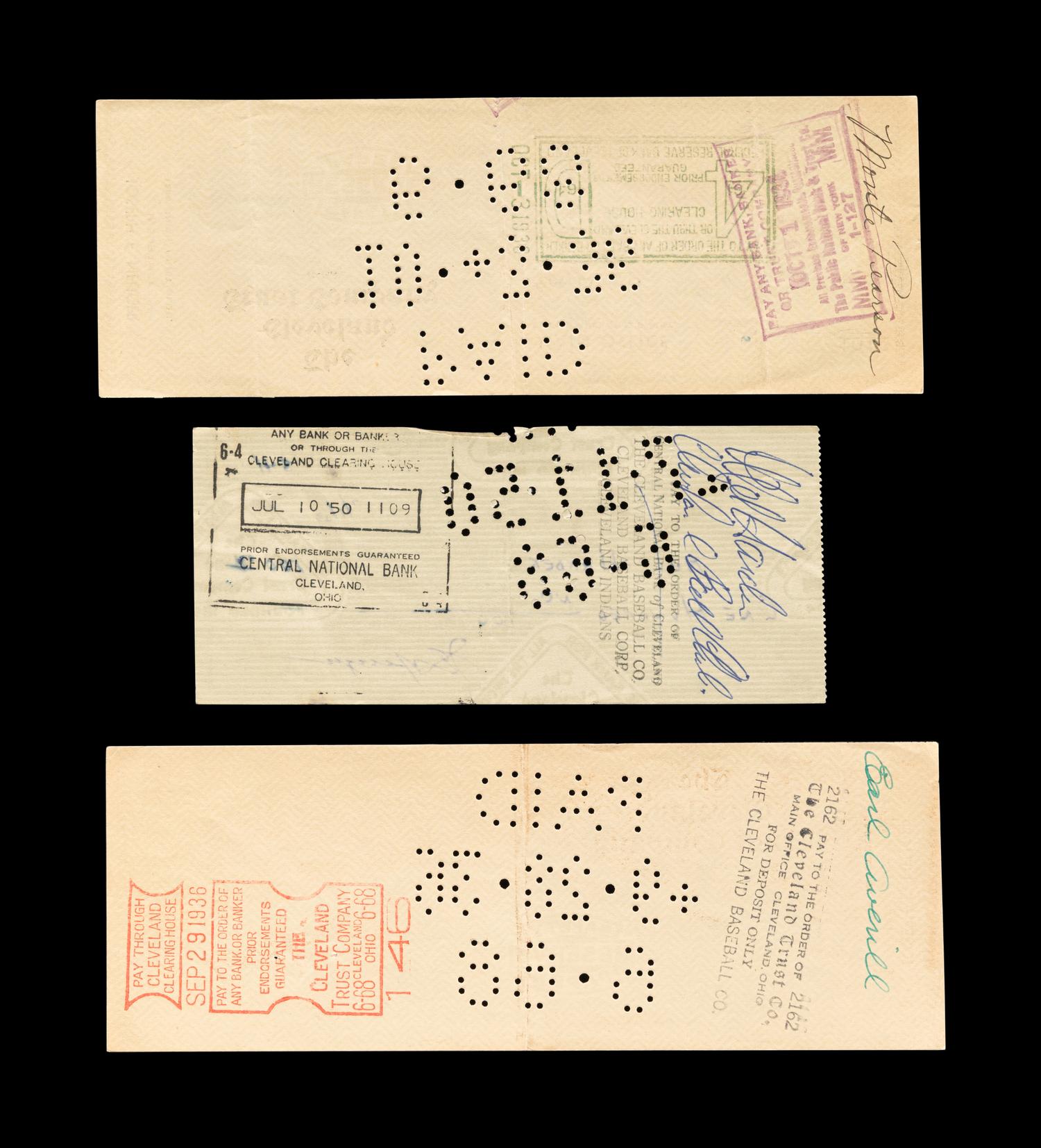 A Group of Three 1930s Cleveland Indians Signed Checks (Including Earl Averill),