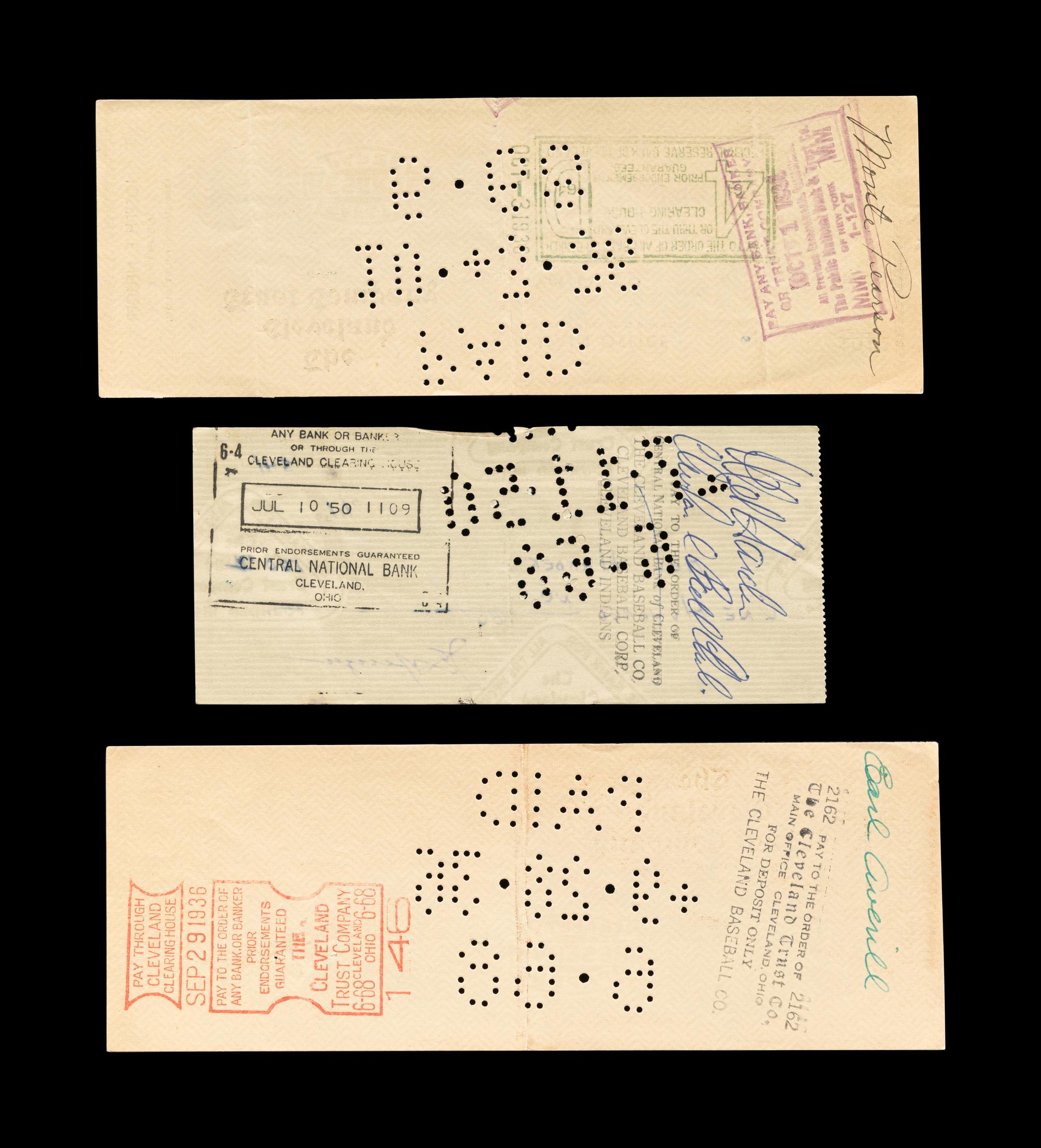 A Group of Three 1930s Cleveland Indians Signed Checks (Including Earl Averill),