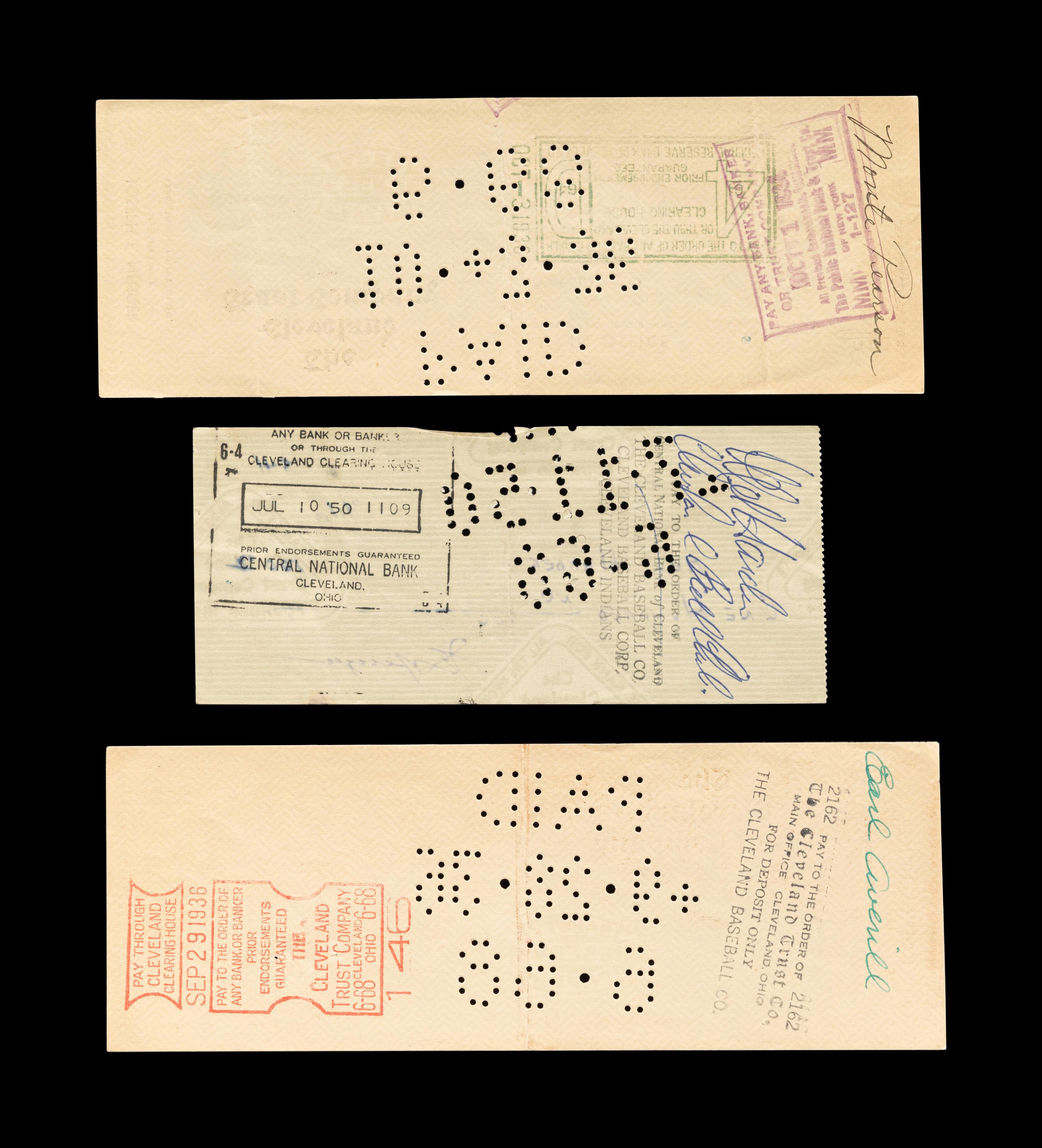 A Group of Three 1930s Cleveland Indians Signed Checks (Including Earl Averill),