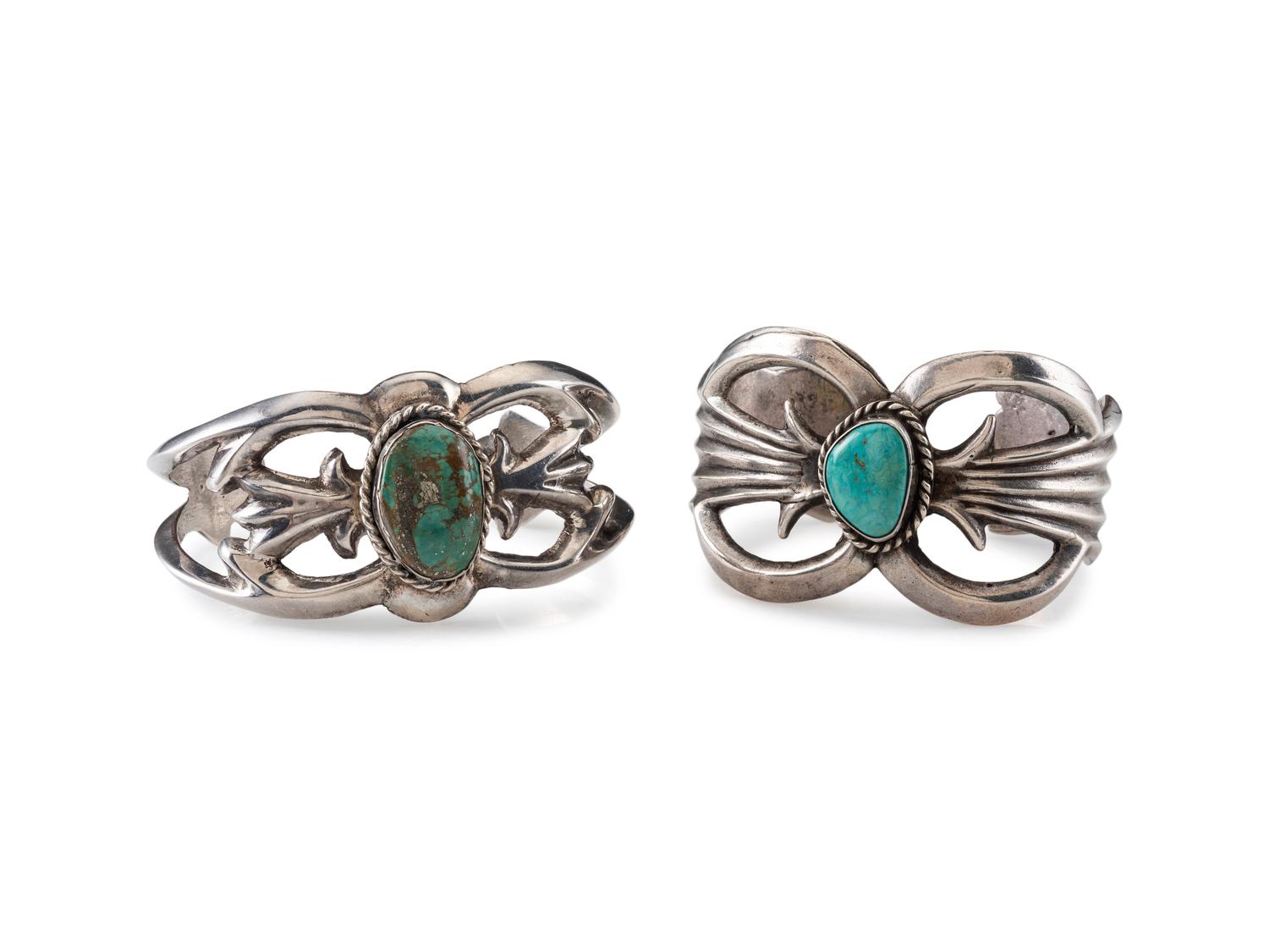 Navajo Sandcast Silver and Turquoise Cuff Bracelets