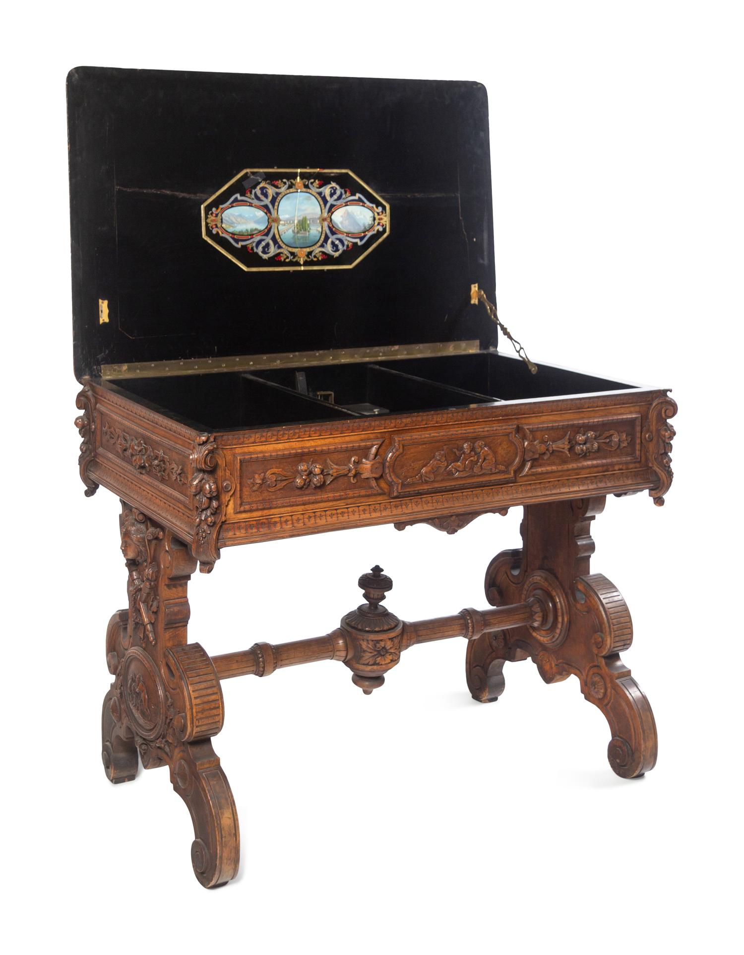 A Swiss Cylinder Music Box in a Carved Walnut Case and Stand