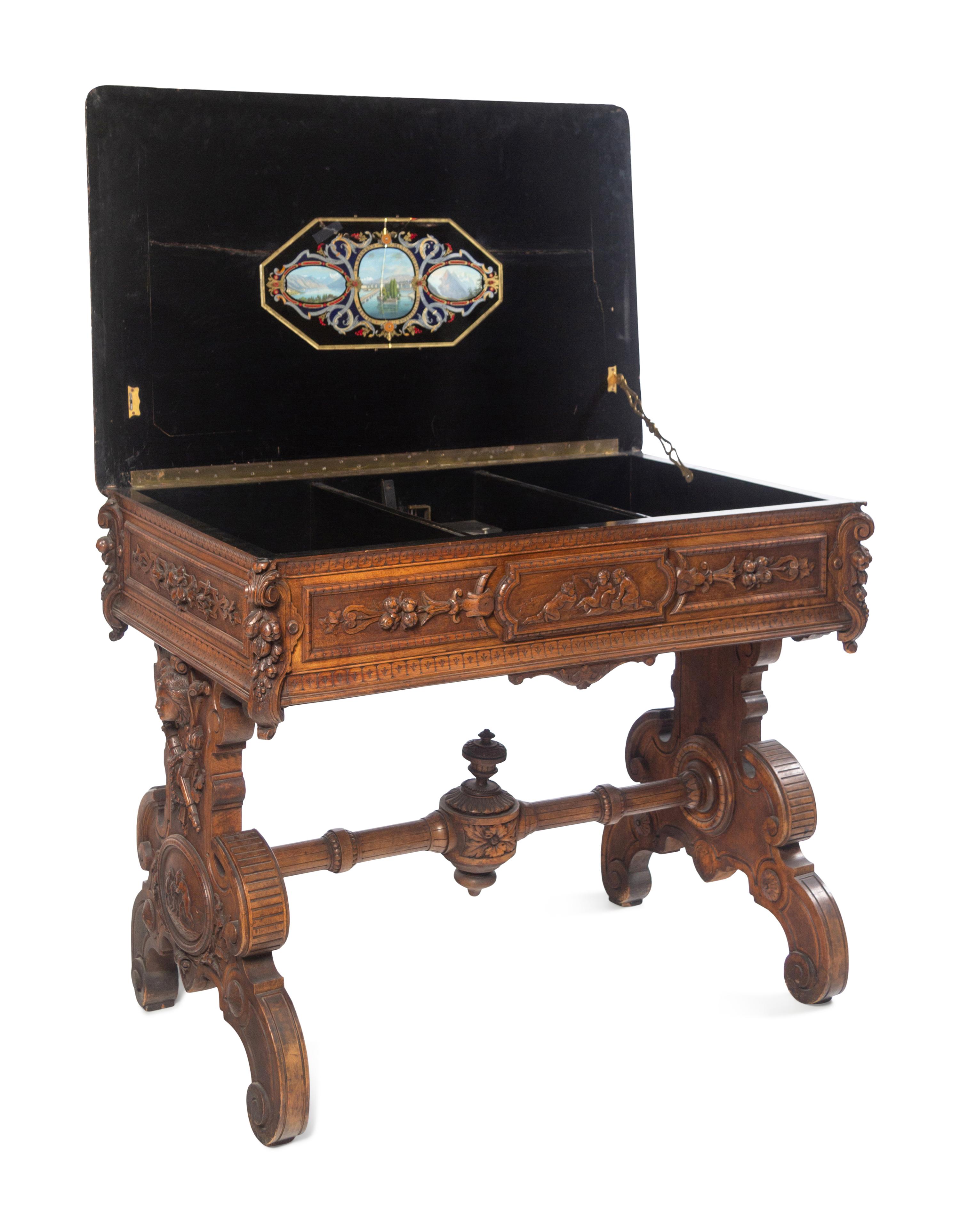 A Swiss Cylinder Music Box in a Carved Walnut Case and Stand