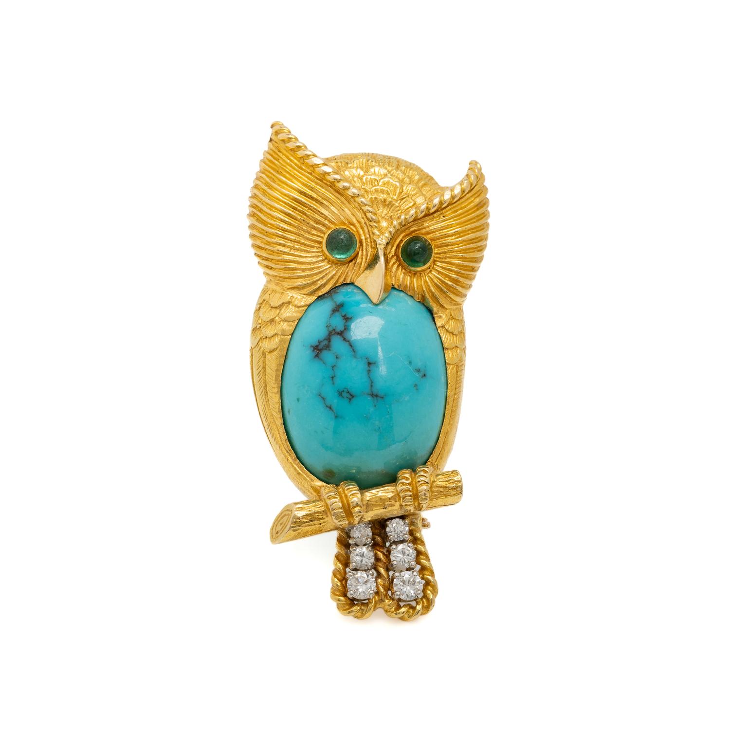 CARTIER, YELLOW GOLD, TURQUOISE, AND MULTIGEM OWL BROOCH
