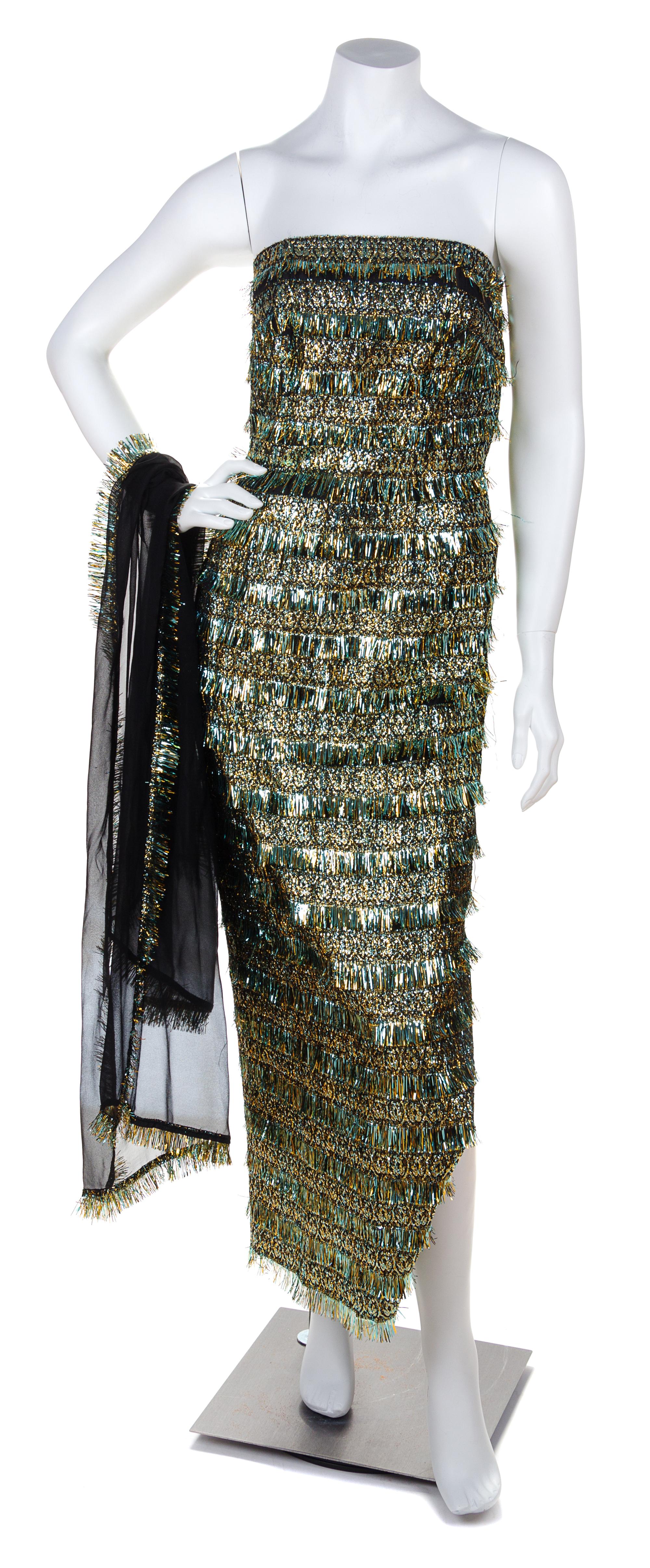 A Marguerite Chicago Metallic Tinsel Eyelash Strapless Gown, No size.