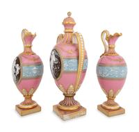 A Minton's Pâte-sur-Pâte Pink-Ground Three-Piece Garniture