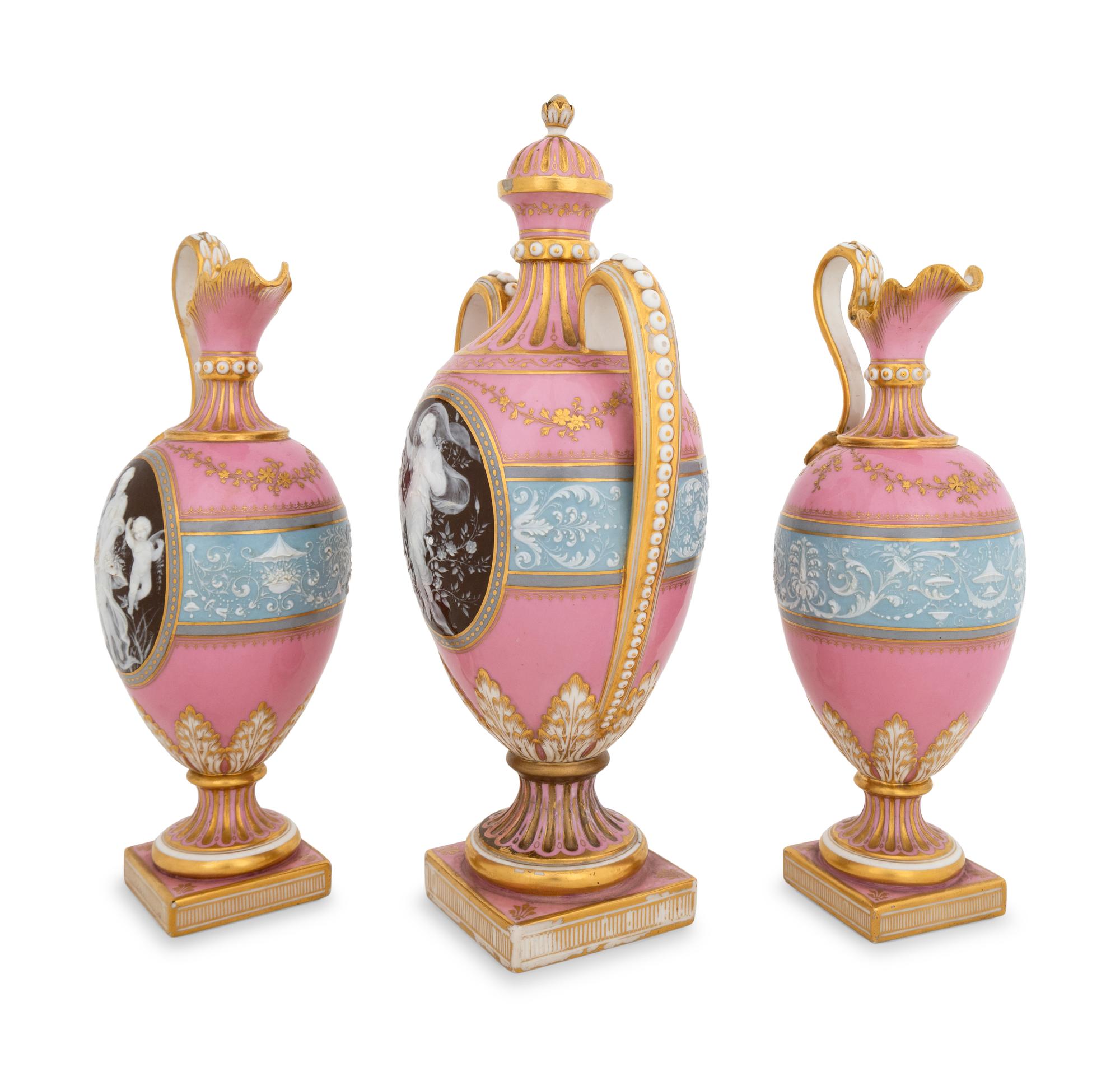 A Minton's Pâte-sur-Pâte Pink-Ground Three-Piece Garniture