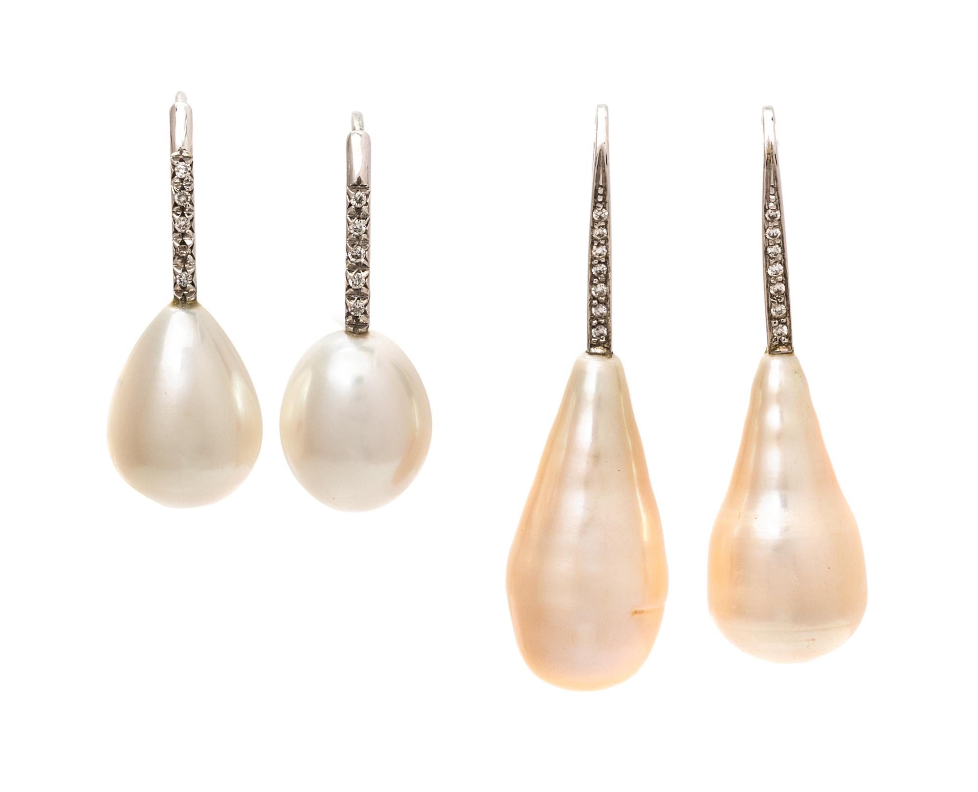 A Collection of 18 Karat White Gold and Cultured Pearl Earrings, 8.80 dwts.