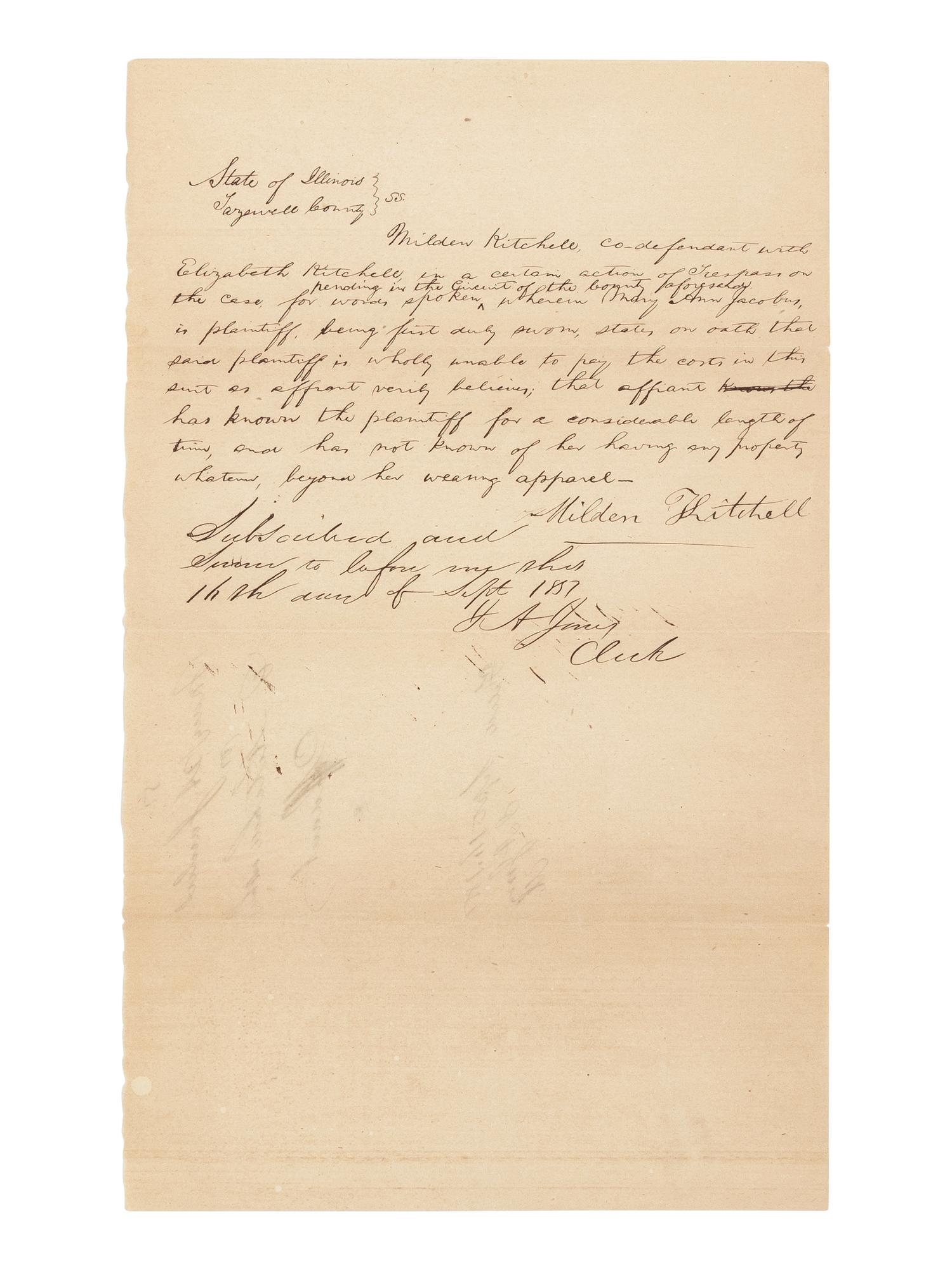 LINCOLN, Abraham (1809-1865). A group of 3 autograph documents in Lincoln's hand relating to the legal case Mary Ann Jacobus vs. Kitchell & Kitchell. Tazewell County, Illinois, 1851.