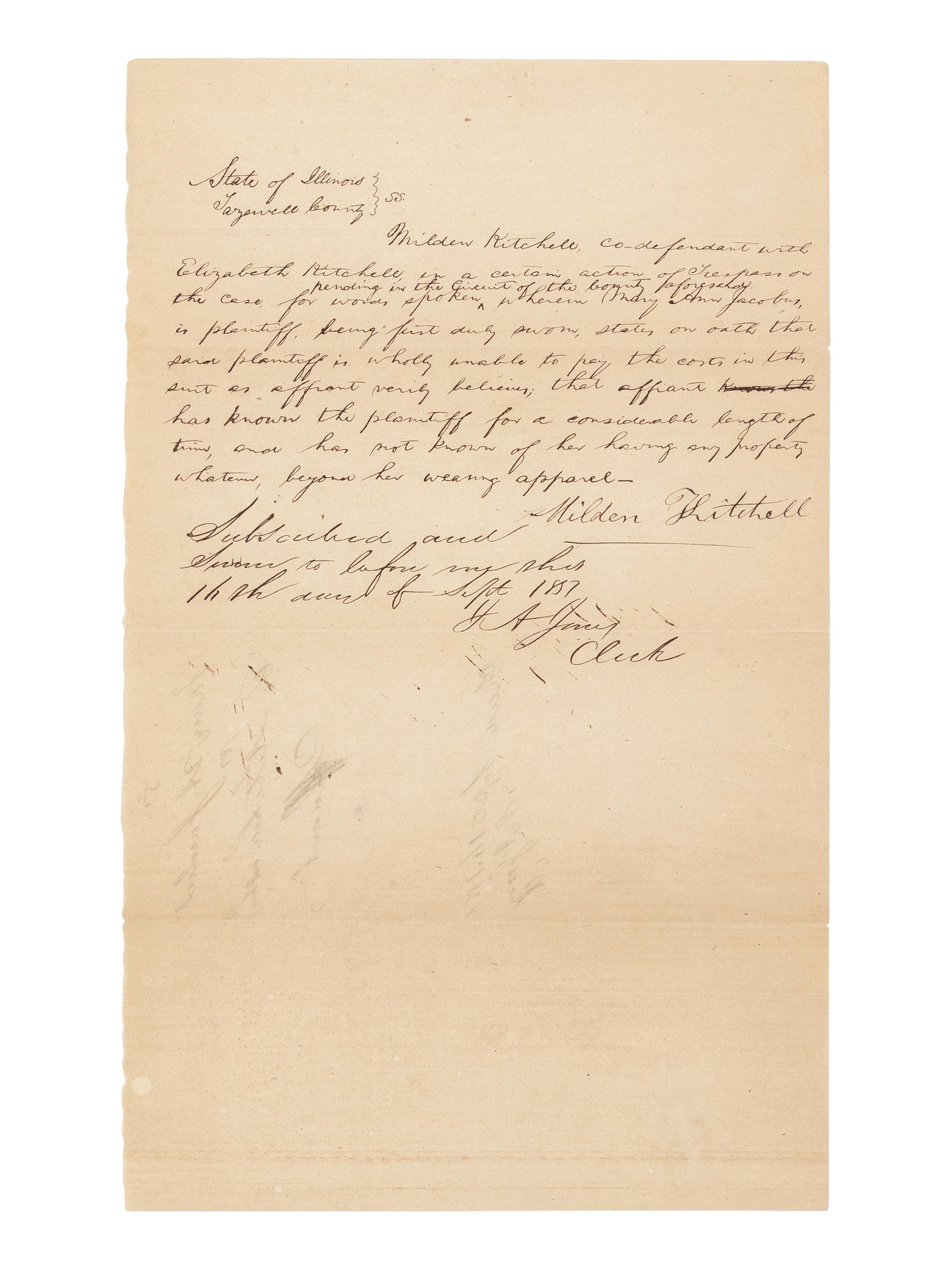 LINCOLN, Abraham (1809-1865). A group of 3 autograph documents in Lincoln's hand relating to the legal case Mary Ann Jacobus vs. Kitchell & Kitchell. Tazewell County, Illinois, 1851.