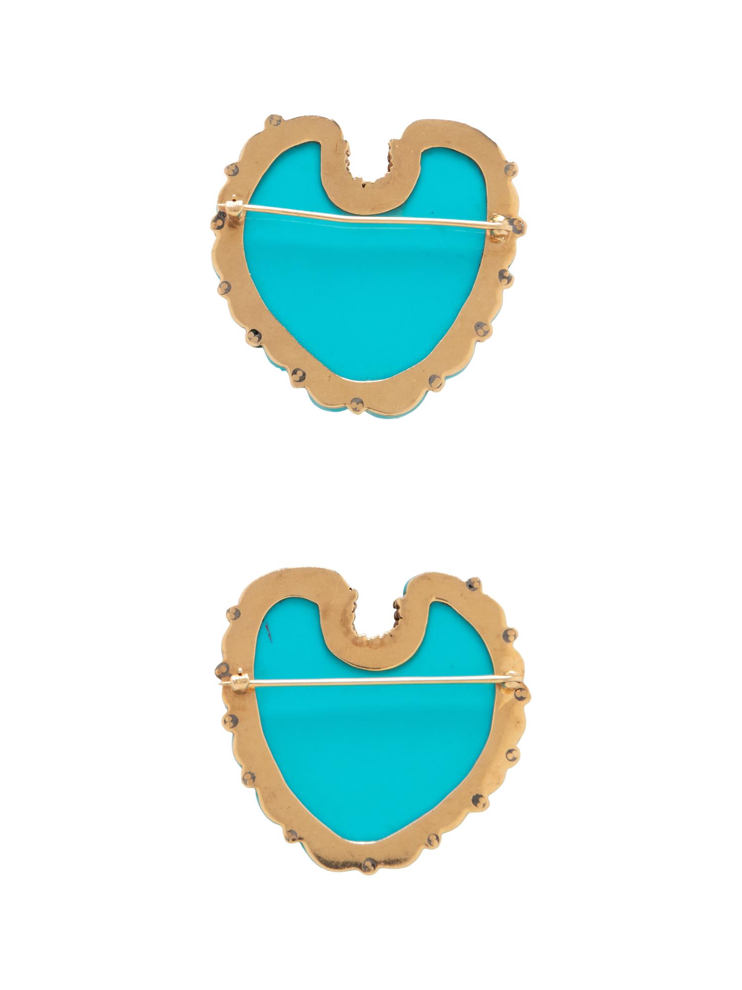 PAIR OF YELLOW GOLD AND COMPOSITE TURQUOISE BROOCHES