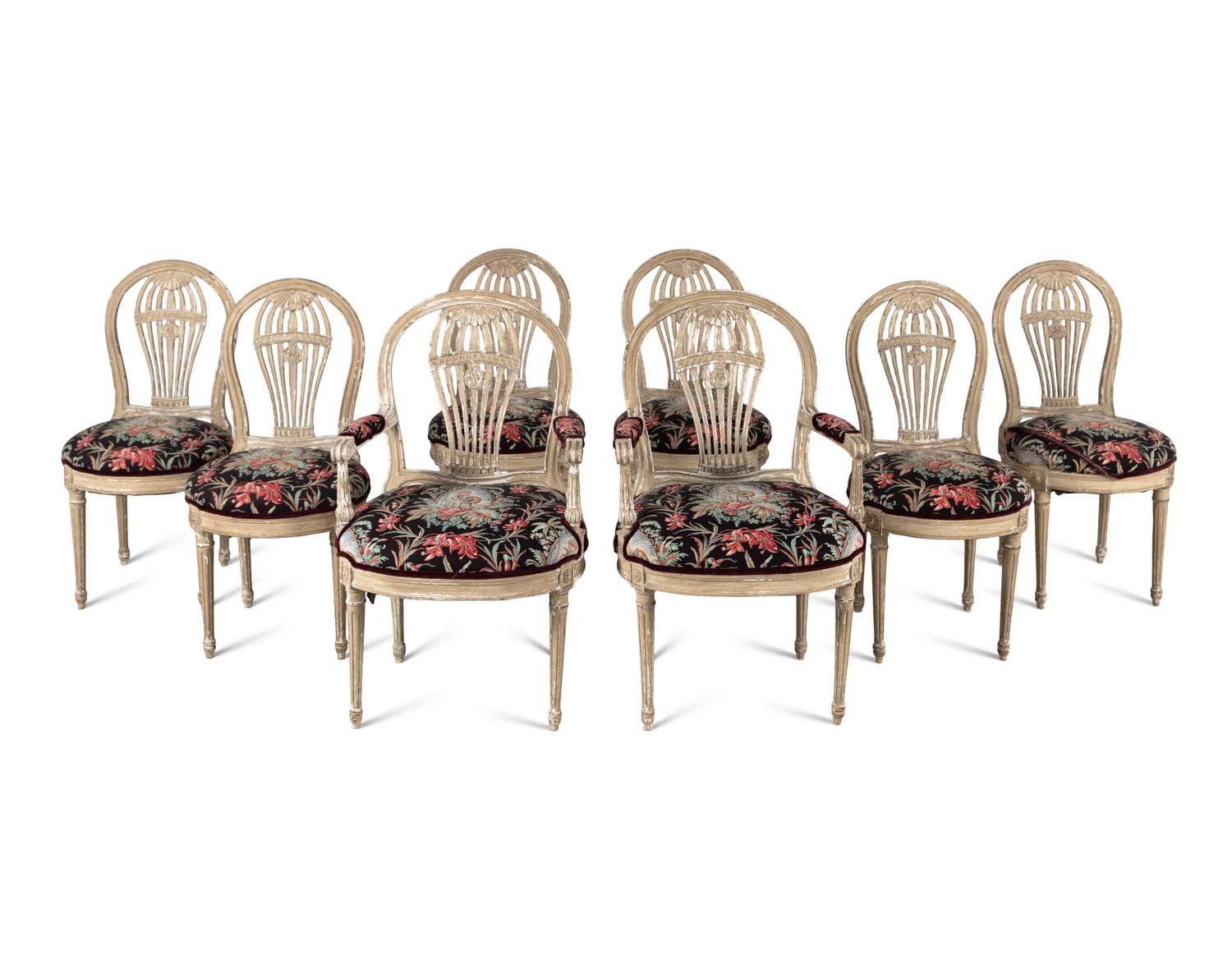 A Set of Eight French Gray-Painted "Montgolfier" Dining Chairs