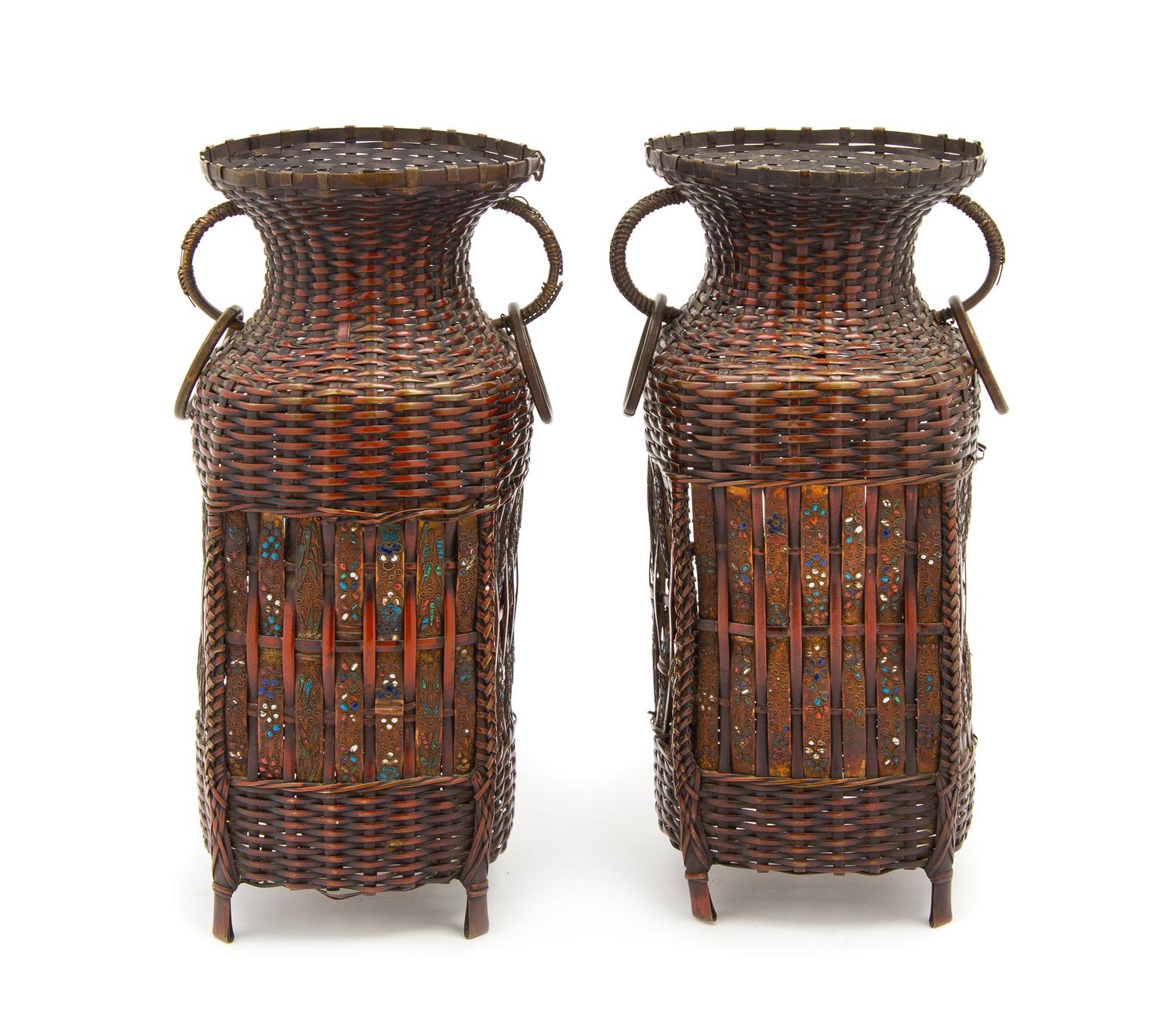 A Pair of Japanese Mixed Metal Vases Height 10 inches. — 19TH CENTURY