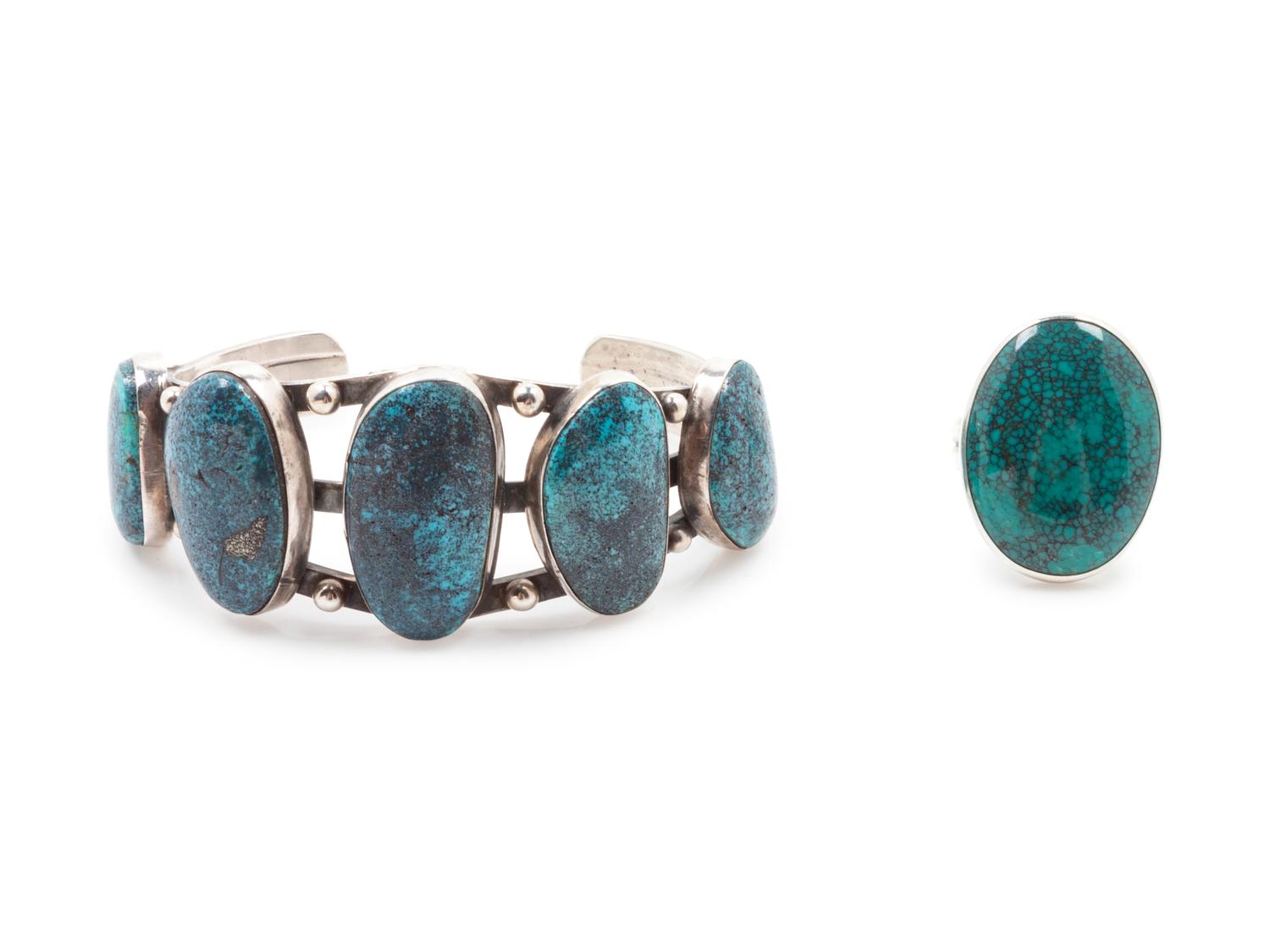 Blue Turquoise Cuff, together with a turquoise ring