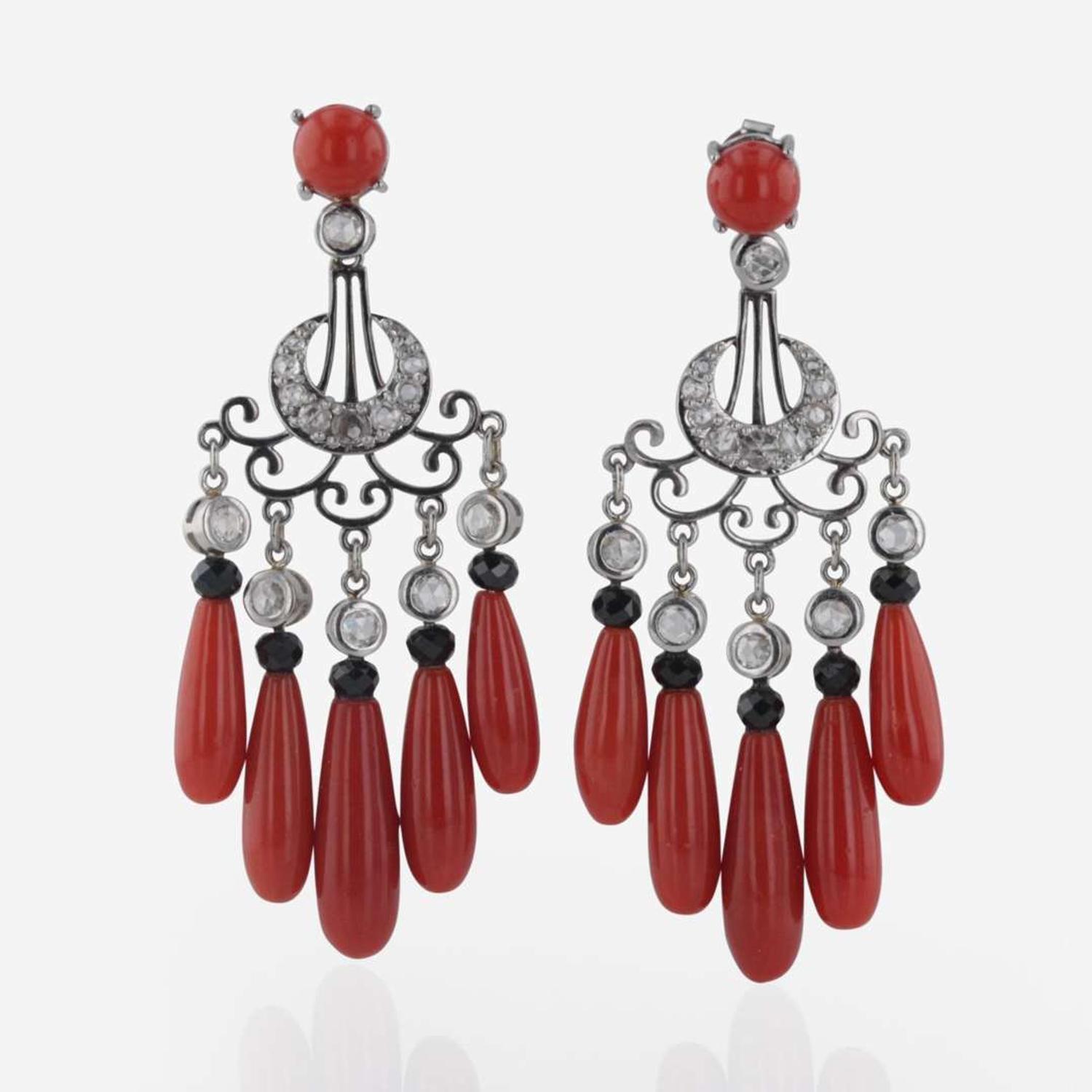 A Pair of Coral, Onyx, and Diamond Earrings