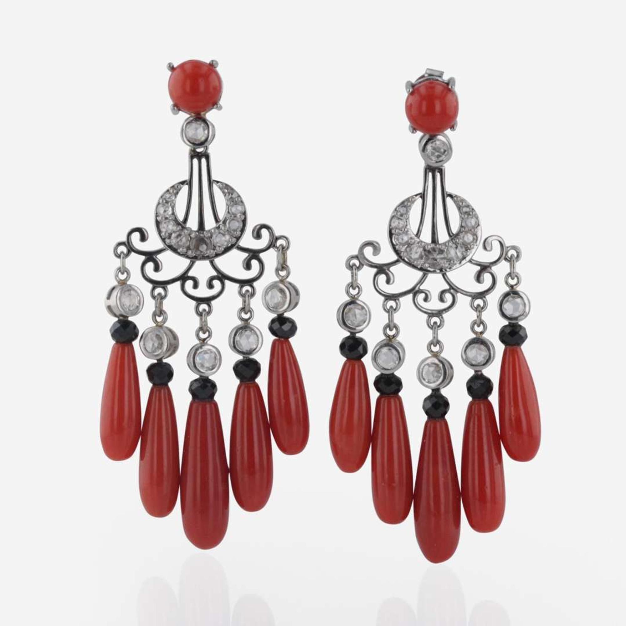 A Pair of Coral, Onyx, and Diamond Earrings
